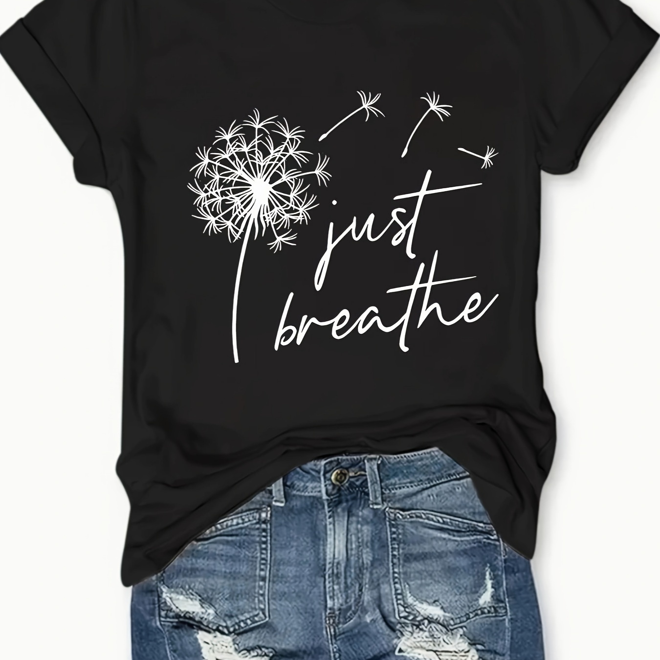 

Just Breathe Print Crew Neck T-shirt, Casual Short Sleeve Top For Spring & Summer, Women's Clothing