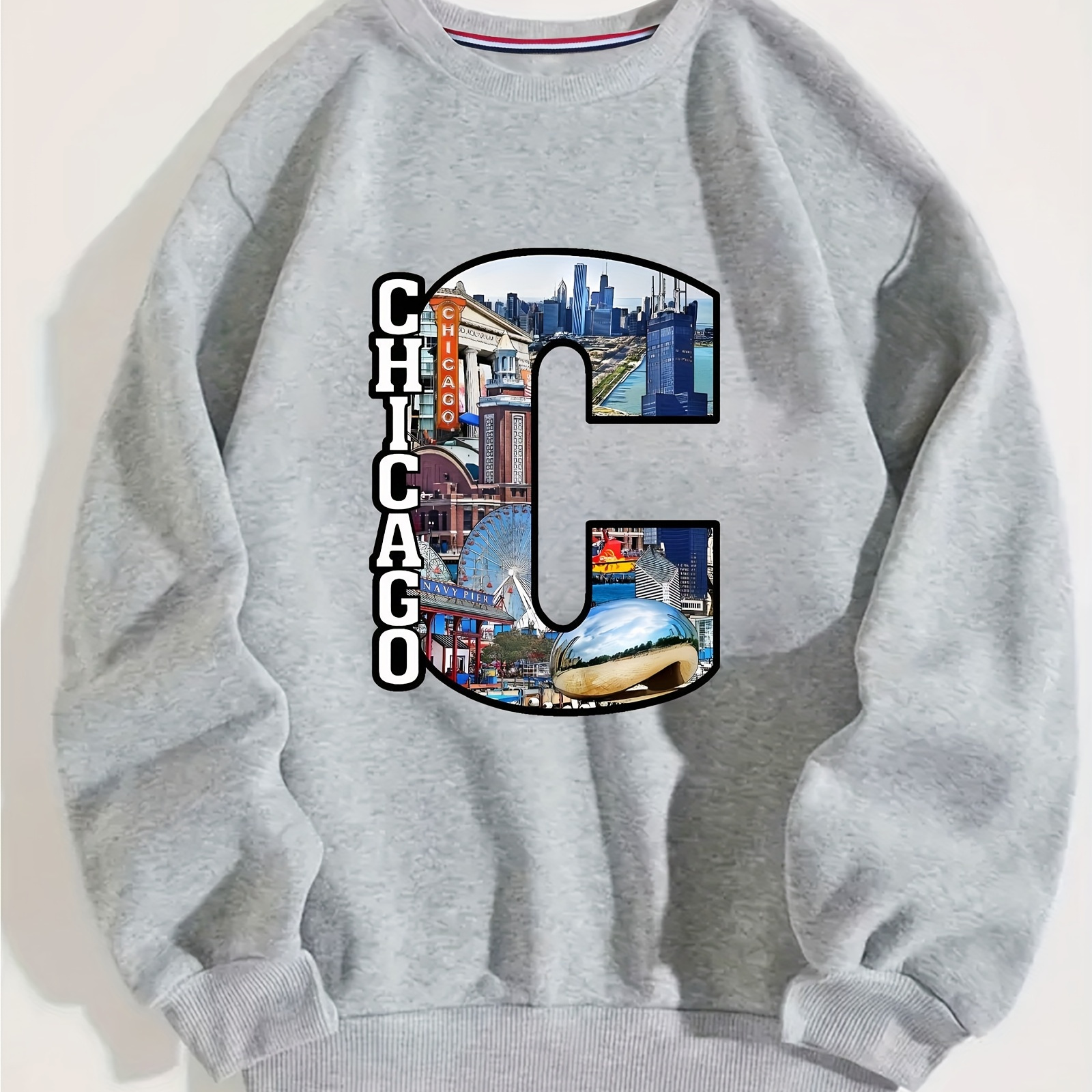 

Fashionable Men's Casual Letter"chicago" Print, Long Sleeve Round Neck Pullover Sweatshirt, Suitable For Outdoor Sports, For Autumn And Spring, Can Be Paired With Hip-hop Necklace, As Gifts