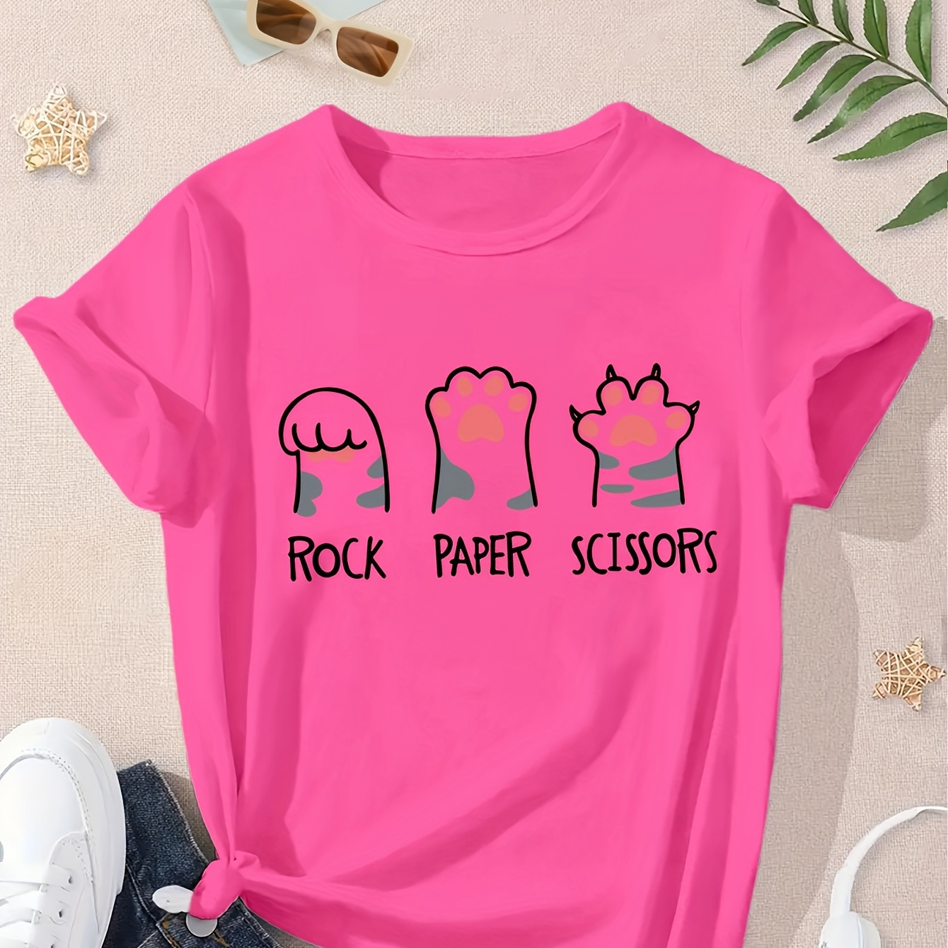 

Rock Paper Scissors And Cartoon Cat Hands Graphic Print, Girls' Casual Crew Neck Short Sleeve T-shirts, Comfy Top Clothes For Spring And Summer For Outdoor Activities