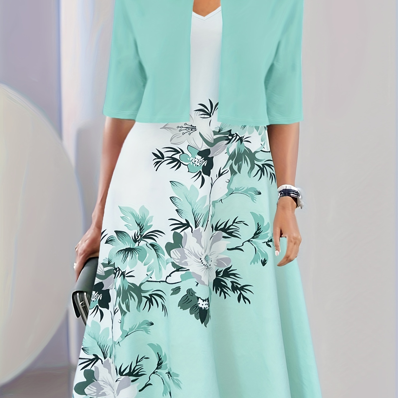 

Elegant Two-piece Dress Set, Crop Half Sleeve Top & Floral Print Tank Dress Outfits, Women's Clothing