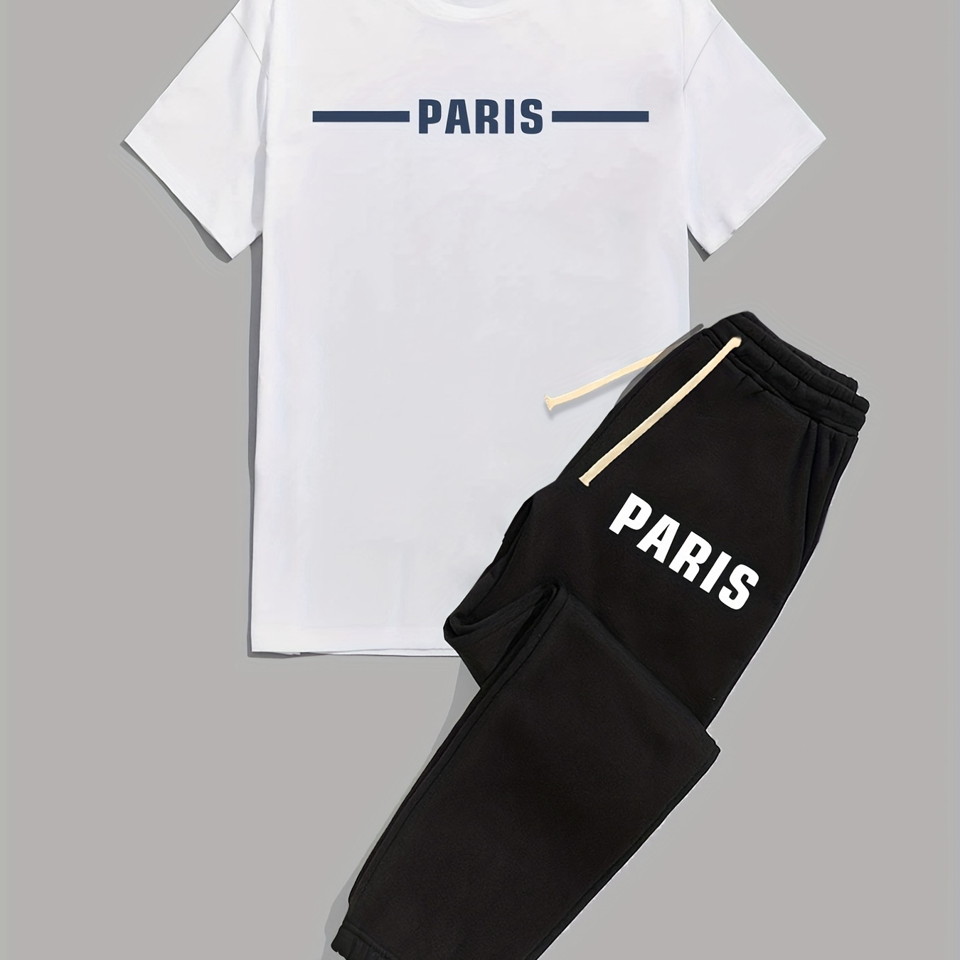 

Paris, Men's 2 Pieces Outfits, Short Sleeve T-shirt And Drawstring Trousers Set