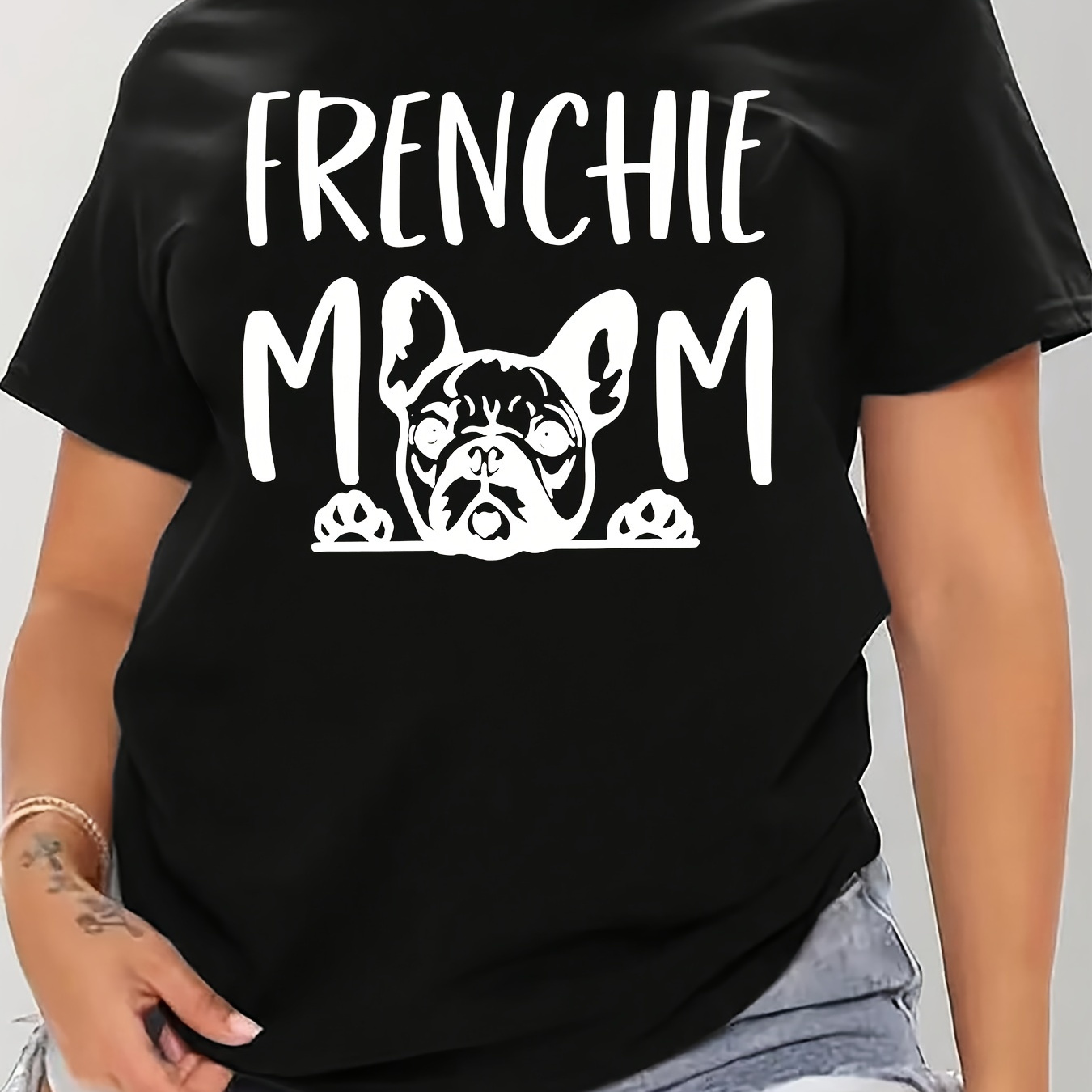 

Women's Casual Sports T-shirt Top, Plus Size Frenchie Mom Dog Print Stretchy Round Neck Breathable Fabric Short Sleeve Fitness Tee Top