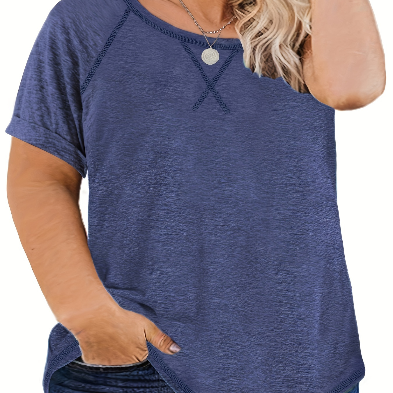 

Plus Size Solid Short Sleeve Round Neck T-shirt, Women's Plus Slight Stretch Pullover Top