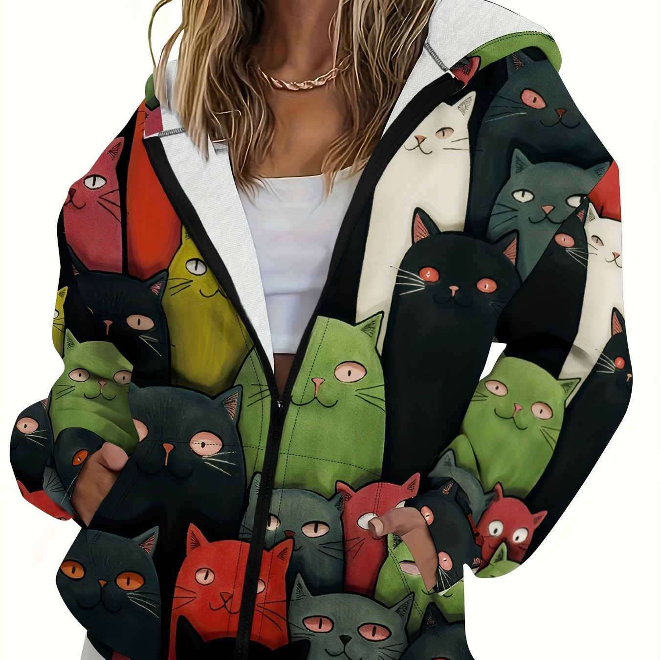 

Hoodie à Imprimé Chat Mignon pour Femmes - Veste en de Polyester Décontractée, Lavable en Machine, Parfaite pour /Automne