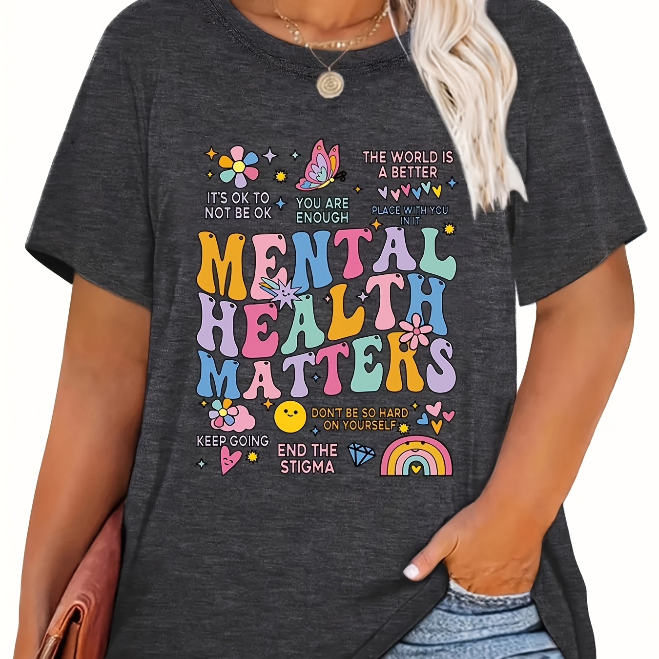 

Plus Size Mental Health Print T-shirt, Casual Crew Neck Short Sleeve Top For Spring & Summer, Women's Plus Size Clothing