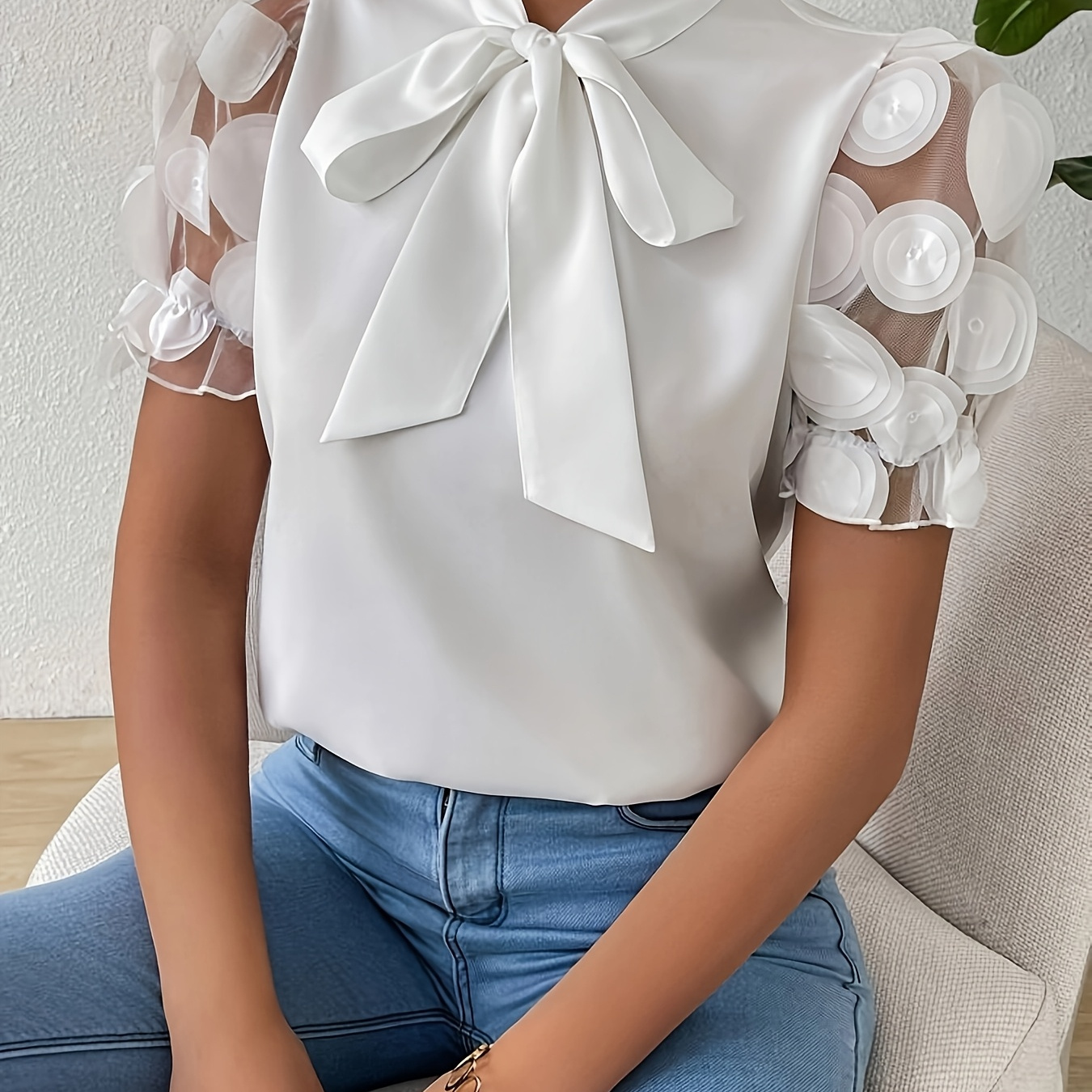 

Elegant Tie Neck Blouse For Women, Polyester Woven Top With Contrast Mesh Detail, Solid Color Short Sleeve Shirt For Spring/summer