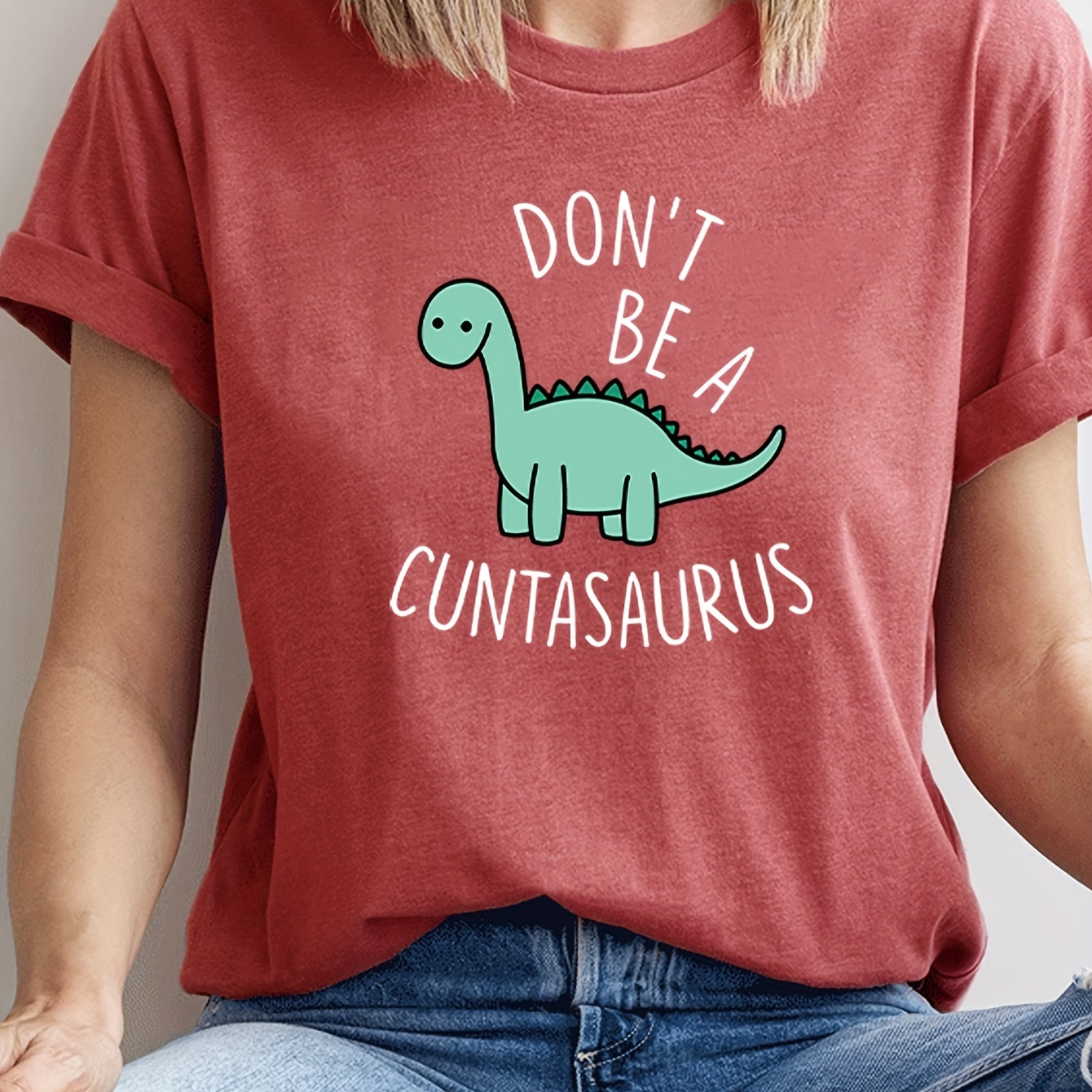 

Cartoon Dinosaur Print Loose T-shirt, Casual Short Sleeve Crew Neck Summer Top, Women's Clothing