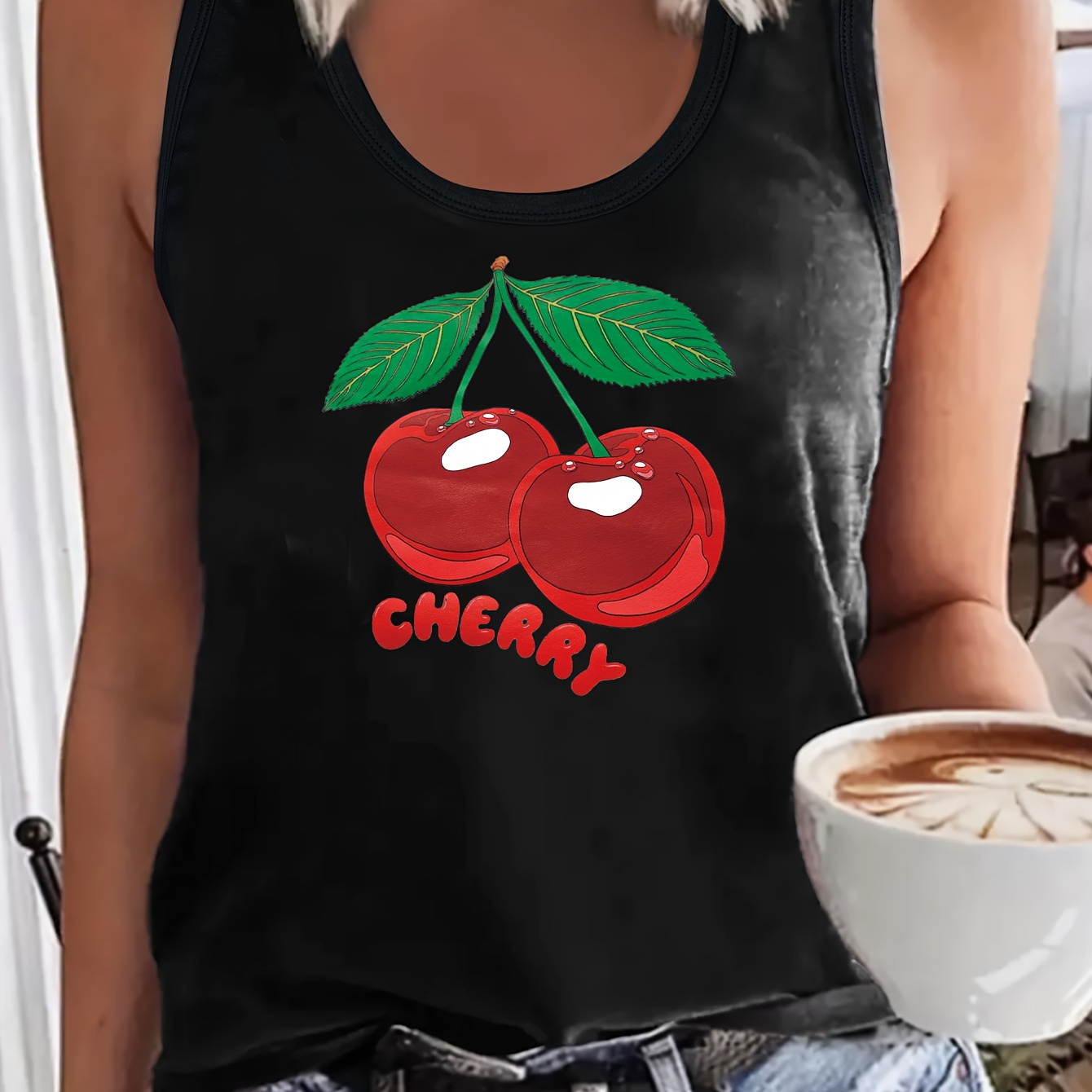 

Cherry Print Crew Neck Tank Top, Sleeveless Casual Top For Summer & Spring, Women's Clothing