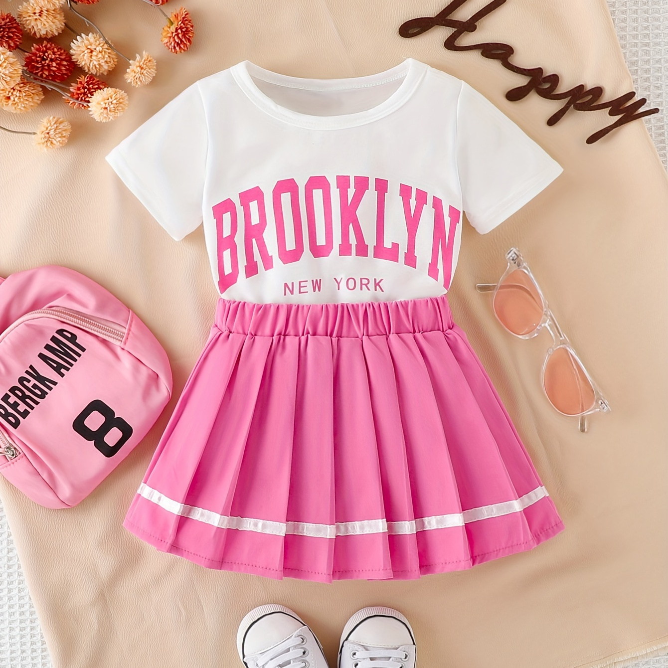 

Girl's 2pcs Preppy Brooklyn Print T-shirt + Stripe Pleated Skirt Set Summer Clothes, Party Vacation Everyday Girls Outfit