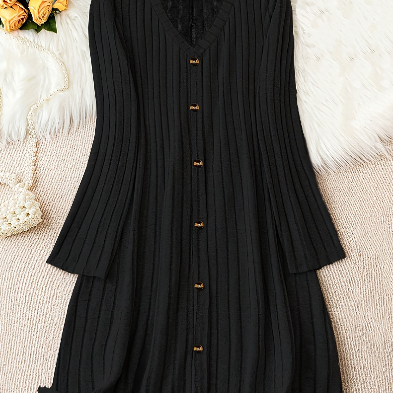 

Plus Size Ribbed V- , Long Button Decor A- For & Fall, 's Plus Size Clothing