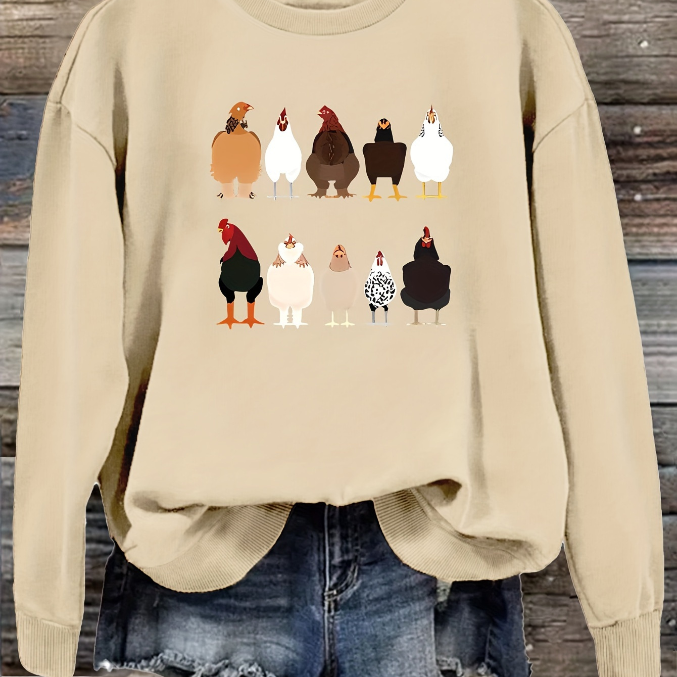 

Chicken Print Sweatshirt, Crew Neck Casual Sweatshirt For Fall & Winter, Women's Clothing