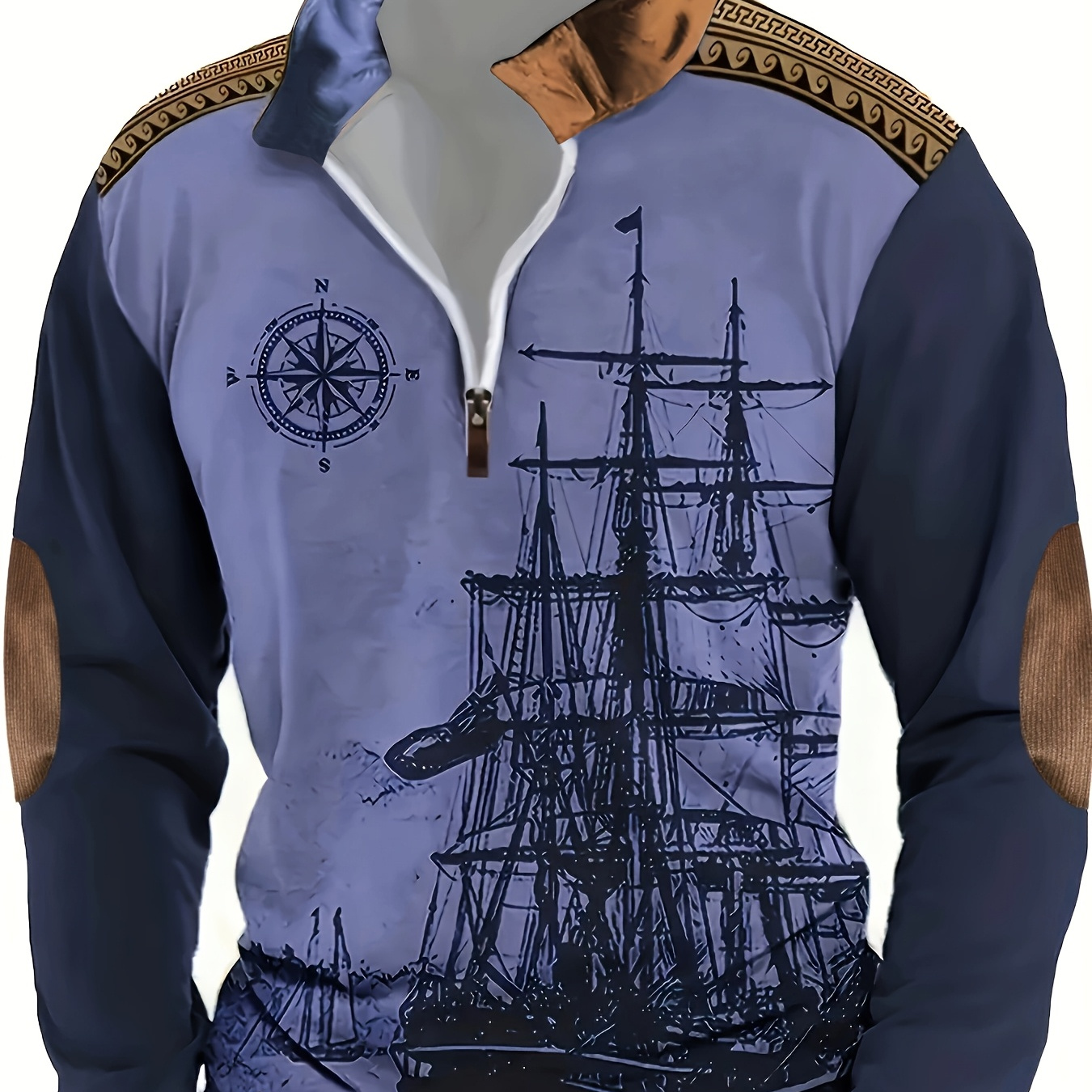 

Vintage Sailboat Print Men's Shirt - Casual Fit With Zip Detail, Long Sleeve For Fall/winter