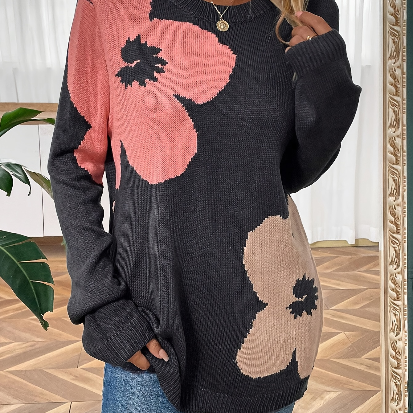 

Floral Pattern Crew Neck Sweater, Casual Long Sleeve Sweater For Fall & Winter, Women's Clothing