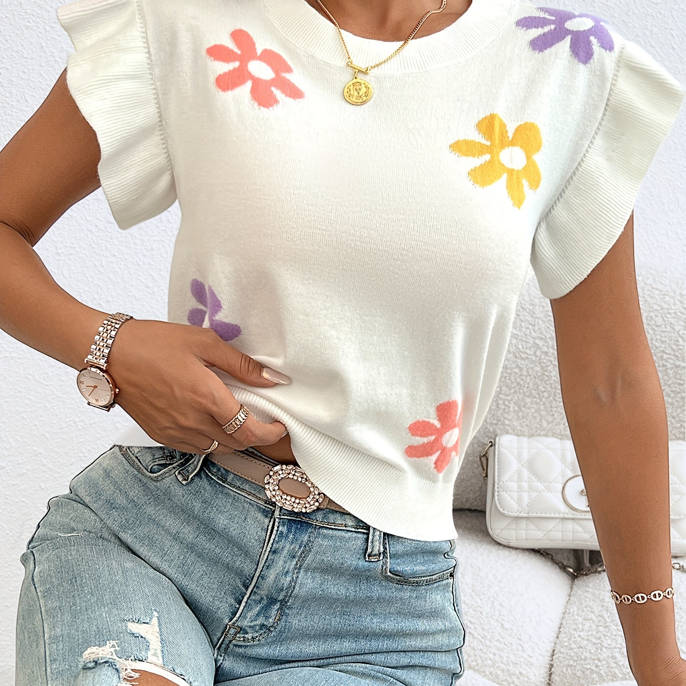 

Floral Pattern Crew Neck Sweater, Casual Flutter Sleeve Pullover Sweater For Spring & Summer, Women's Clothing