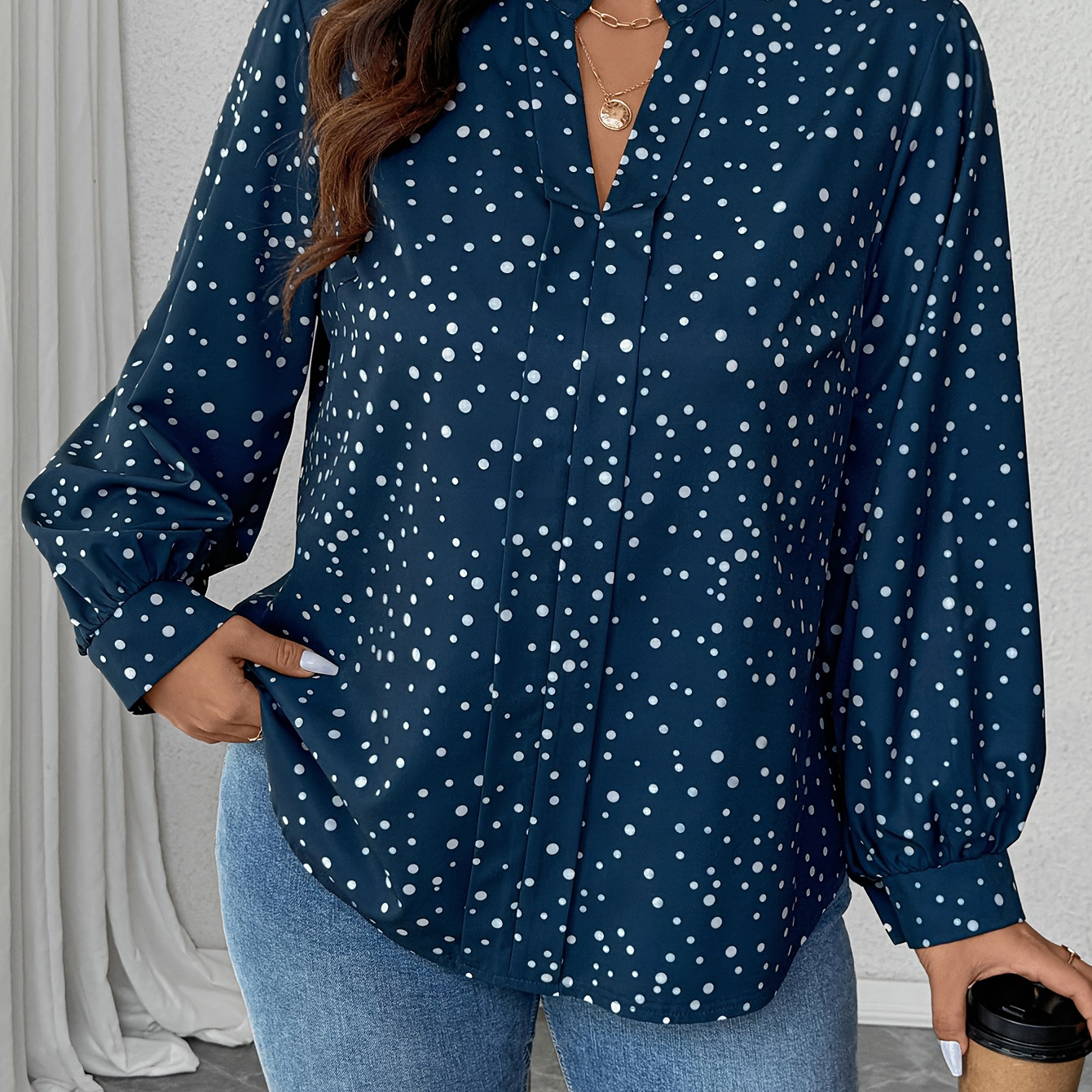 

Plus Size Polka Notched Neck Blouse, Elegant Long Sleeve Blouse For Spring & Fall, Women's Plus Size Clothing