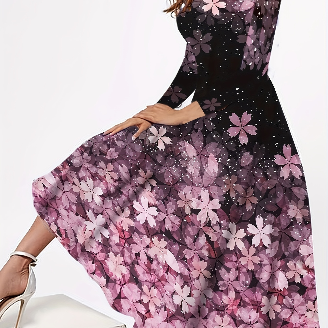 

Floral Print Crew Neck Dress, Elegant Long Sleeve Color Block Dress For Spring & Fall, Women's Clothing