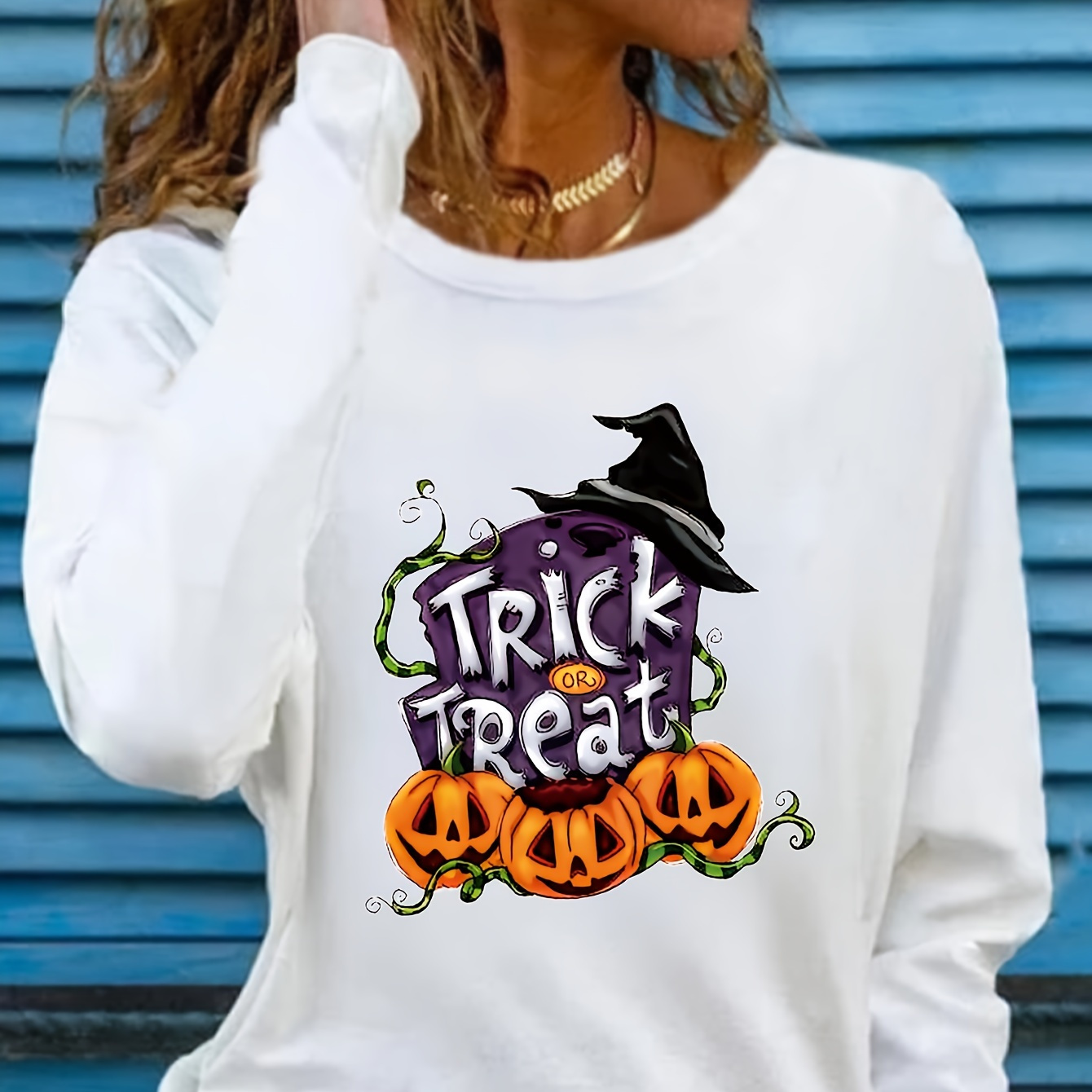 

Halloween Print T-shirt, Long Sleeve Crew Neck Casual Top For Spring & Fall, Women's Clothing