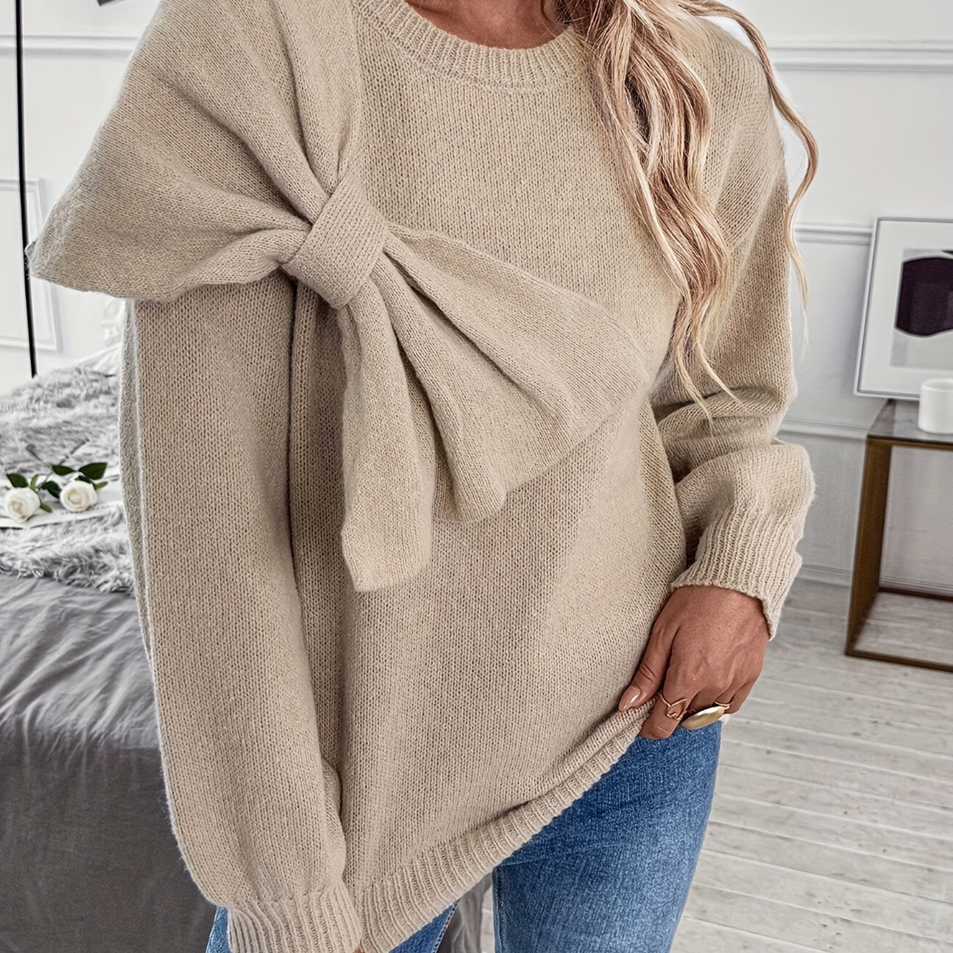 

Chic Bow-knot Long Sleeve Knit Sweater For Women - Casual Solid Color, Crew Neck Pullover For Fall/winter