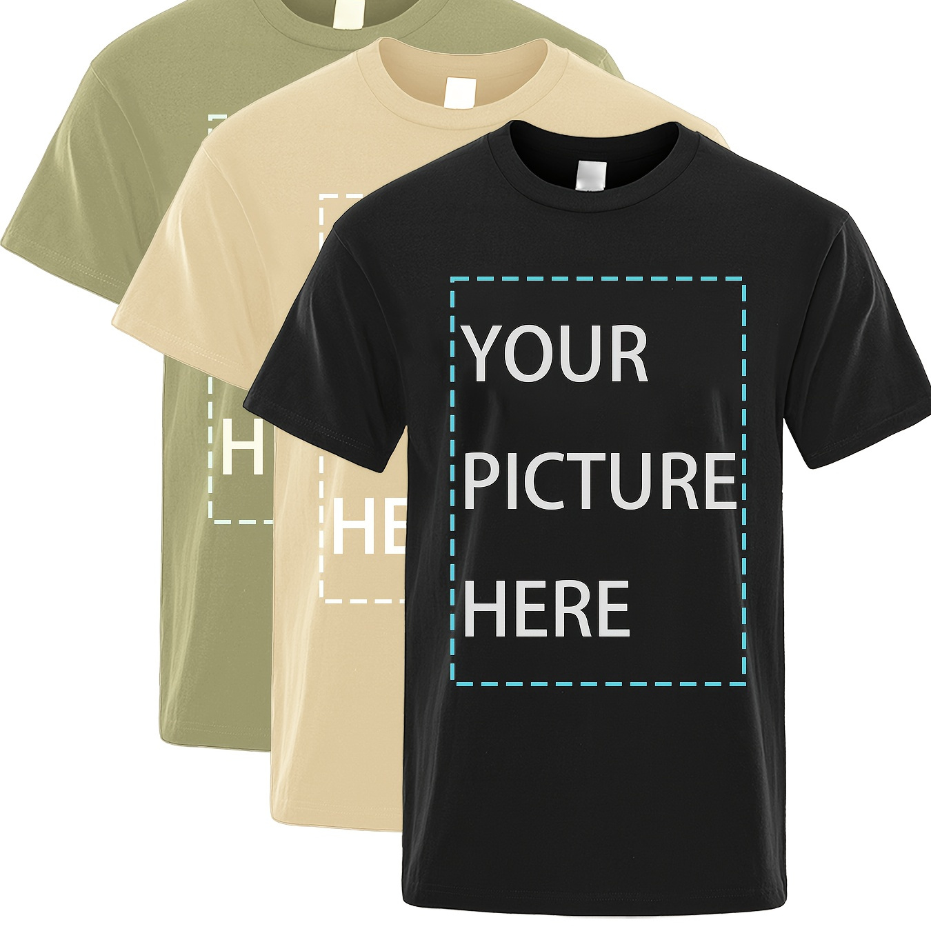 

3pcs Plus Size Men's Custom "your Picture Here" Print T-shirt For Summer, Trendy Casual Short Sleeve Tees