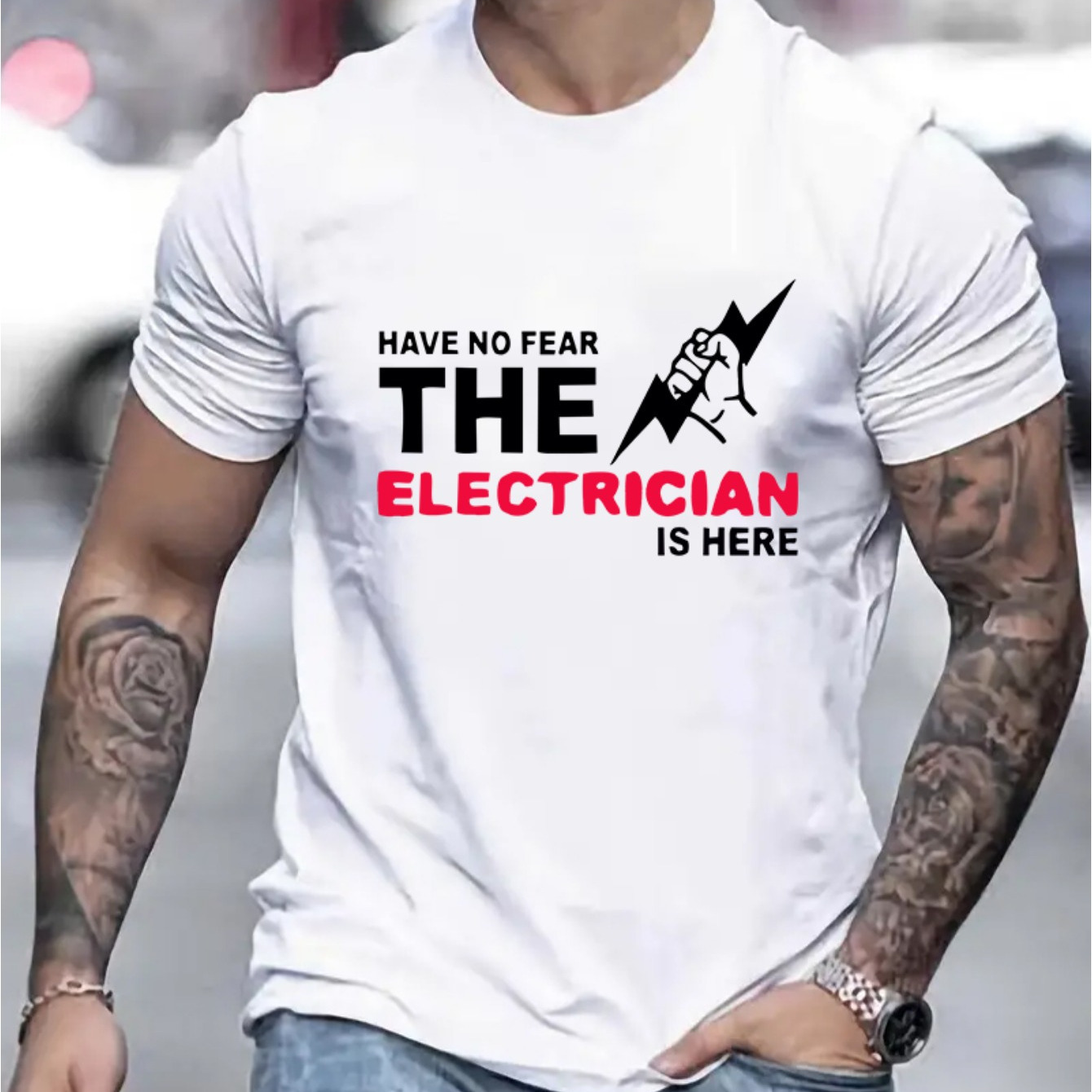 

Have No Fear The Electrician Is Here And Anime Hand Holding Lightening Graphic Print, Men's Novel Graphic Design T-shirt, Casual Comfy Tees For Summer, Men's Clothing Tops For Daily Activities