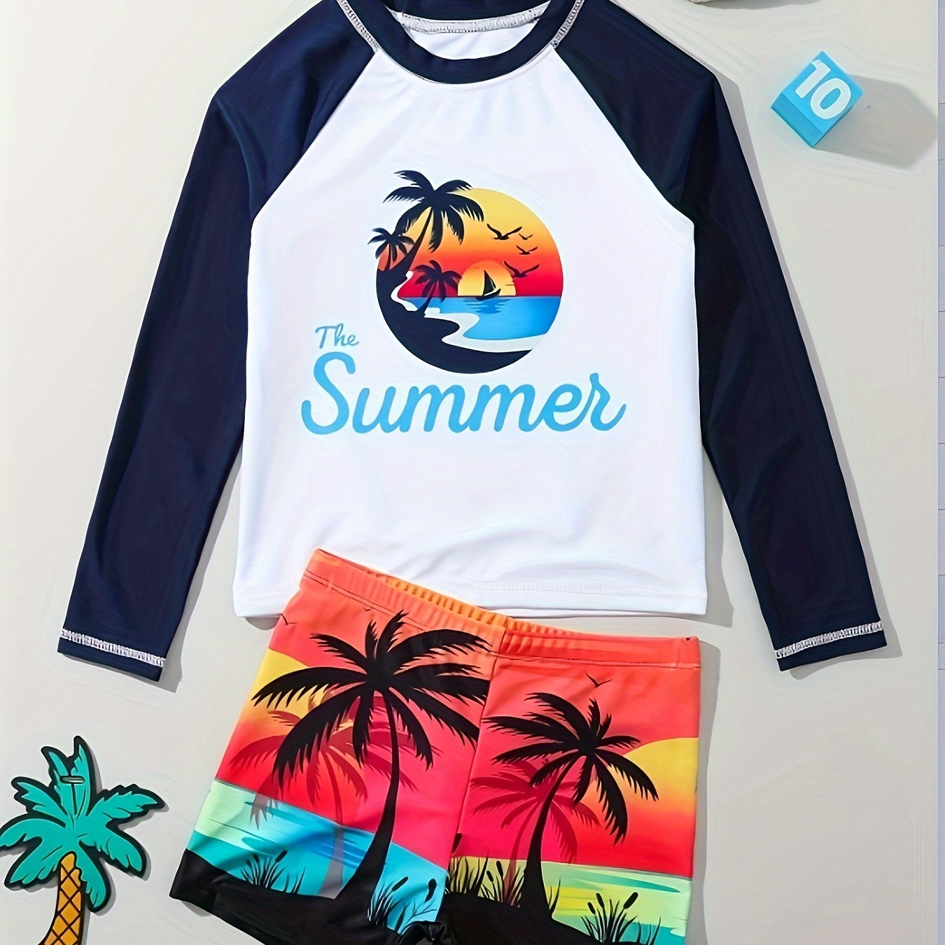 

2pcs Summer Coconut Tree Pattern Swimsuit For Boys, T-shirt & Swim Trunks Set, Stretchy Surfing Suit, Boys Swimwear For Summer Beach Vacation