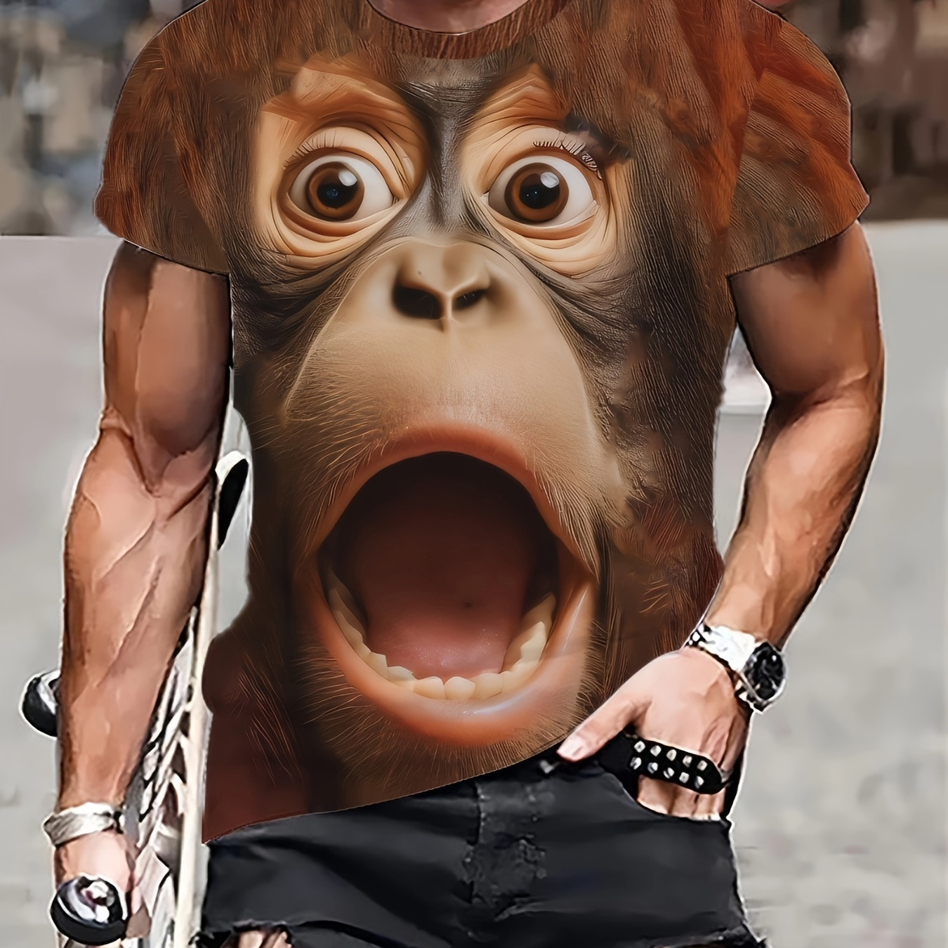 

Men's Casual Gorilla Face Graphic T-shirt - 100% Polyester, Short Sleeve, Round Neck, Machine Washable, Summer Streetwear, Lightweight