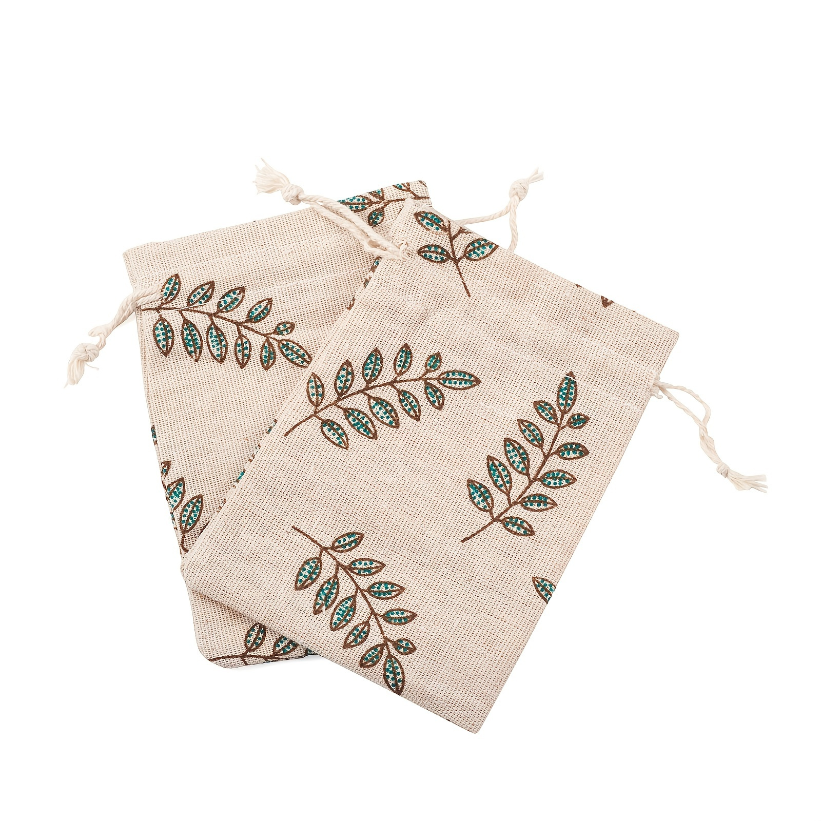 

50pcs Polycotton (polyester Cotton) Packing Pouches Drawstring Bags Gift Bags Jewelry Pouches Storage Bag, Rectangle, With Printed Leaf, 14x10cm