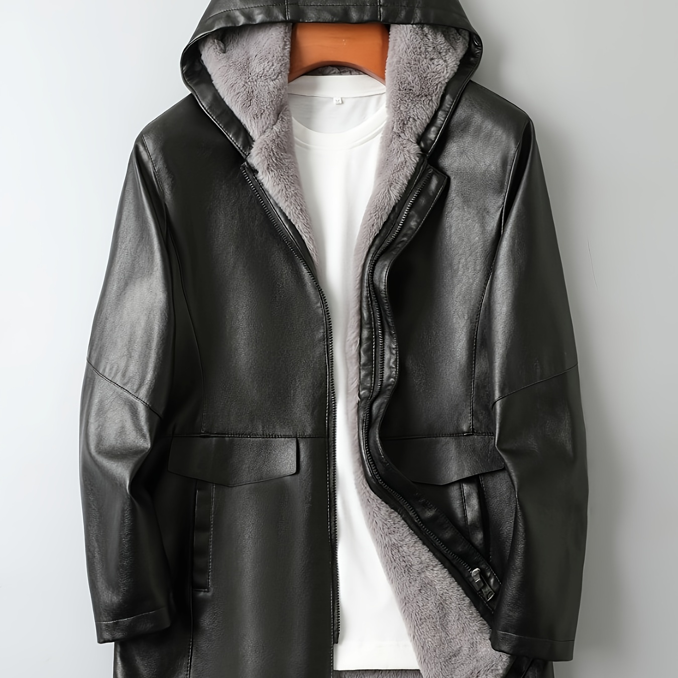 

Sleek Style, Men's Casual Warm Fleece Lined Leather Jacket, Chic Hooded Biker Jacket For