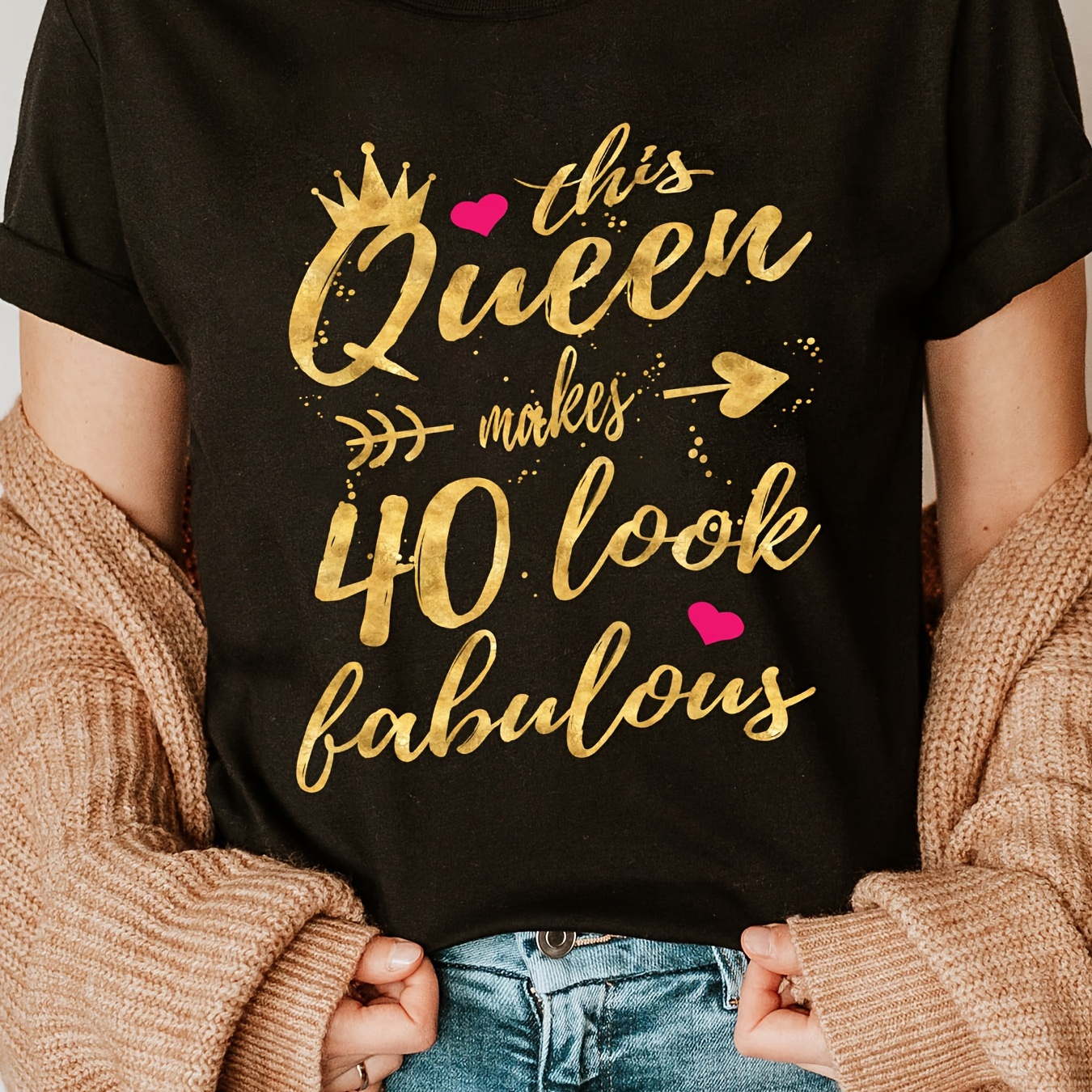 

40 Look Fabulous Print Crew Neck T-shirt, Short Sleeve Casual Top For Summer & Spring, Women's Clothing