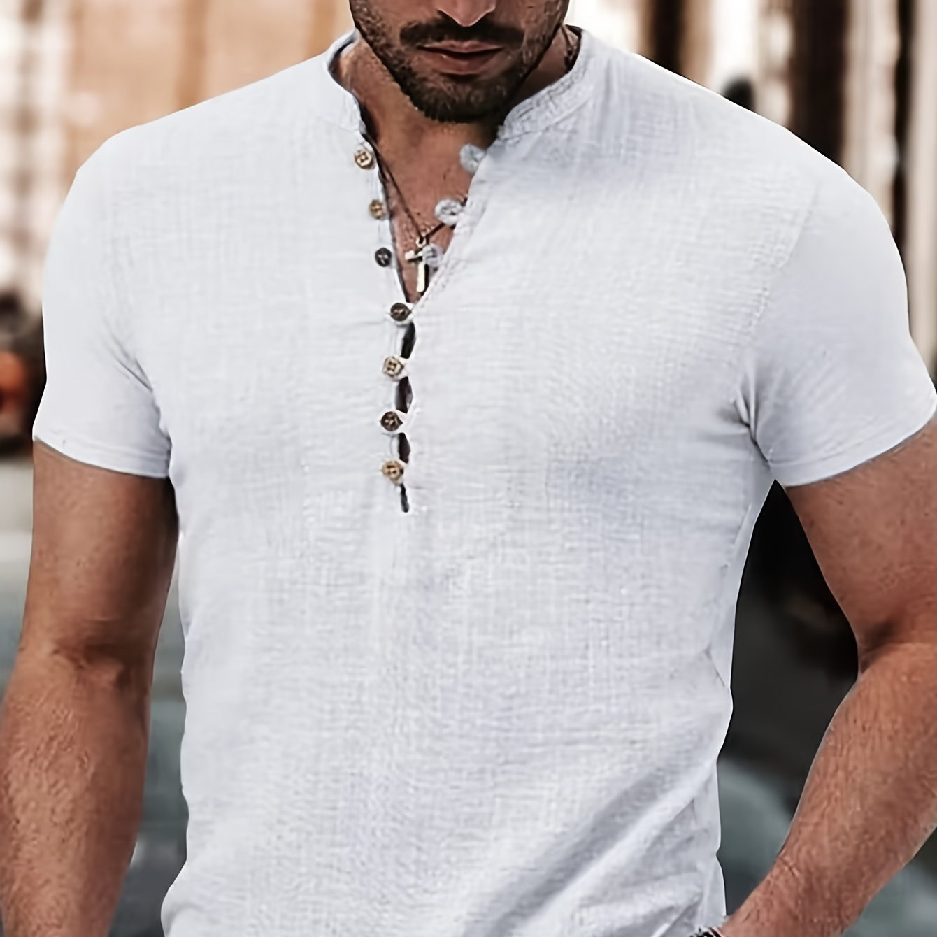 

Solid Color Men's Short Sleeve T-shirt With Deep Henley Neck, Chic And Trendy Tops For Summer Leisurewear And Vacation Resorts, Comfy And Breathable Tees For Men