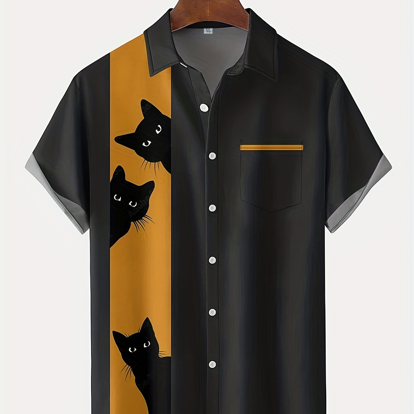 

Halloween Black Cats Print Color Block, Men's Summer Short Sleeve Lapel Shirt With Chest Pocket