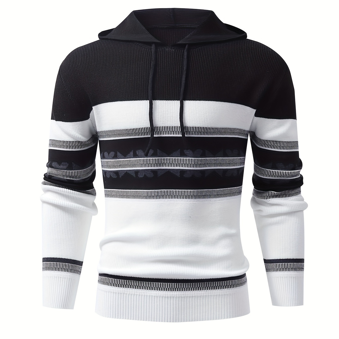 

Men' Geometric Pattern Knit Hooded Sweater - Warm Casual Pullover With Drawstring