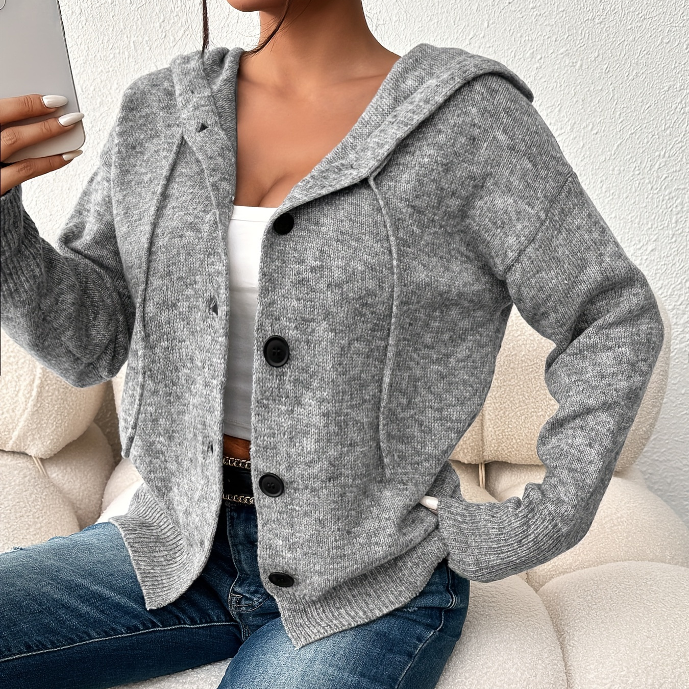 

Solid Single Breasted Hooded Cardigan, Versatile Long Sleeve Knit Outwear For Fall & Winter, Women's Clothing
