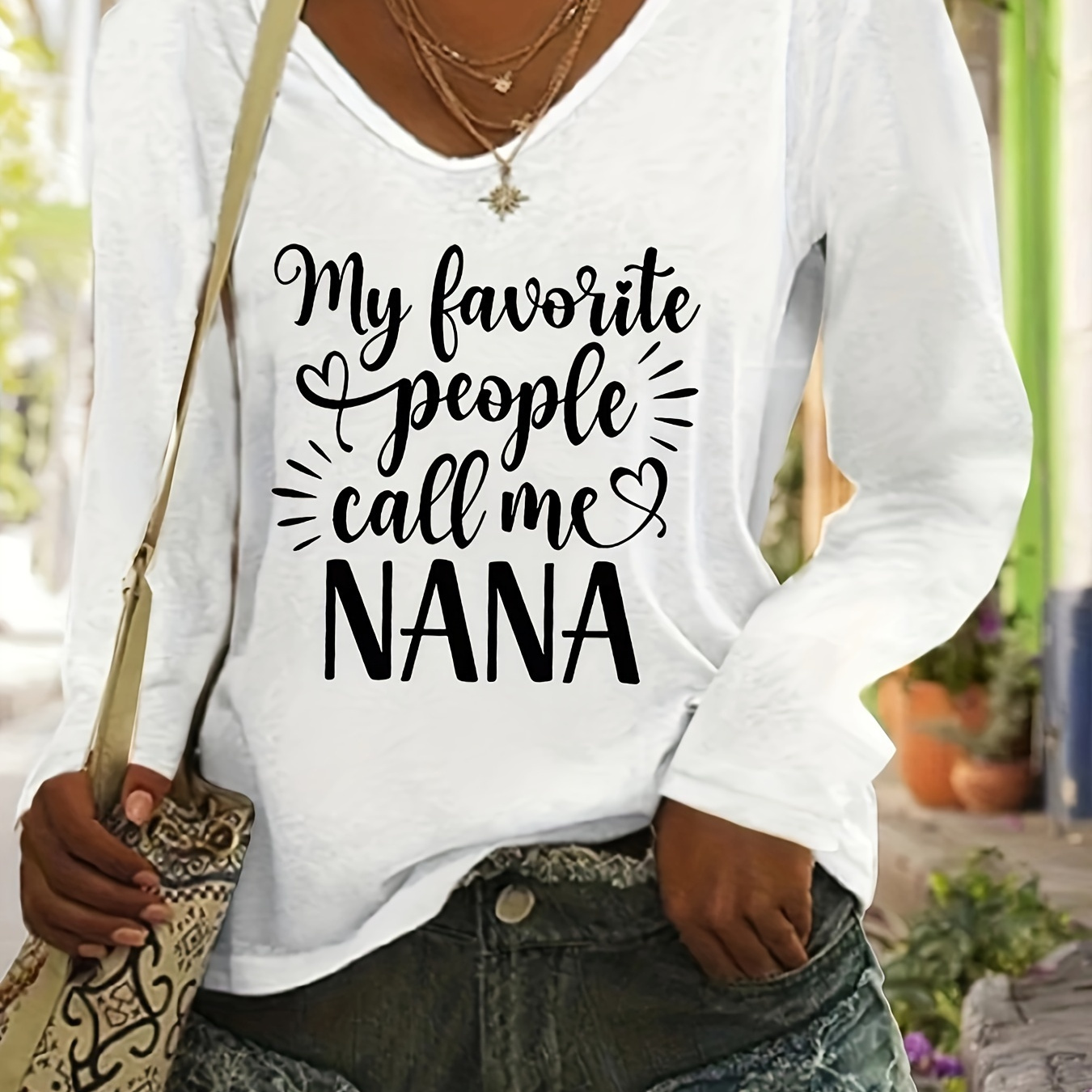 

Nana Print Long Sleeve T-shirt, Casual V Neck Top For Spring & Fall, Women's Clothing