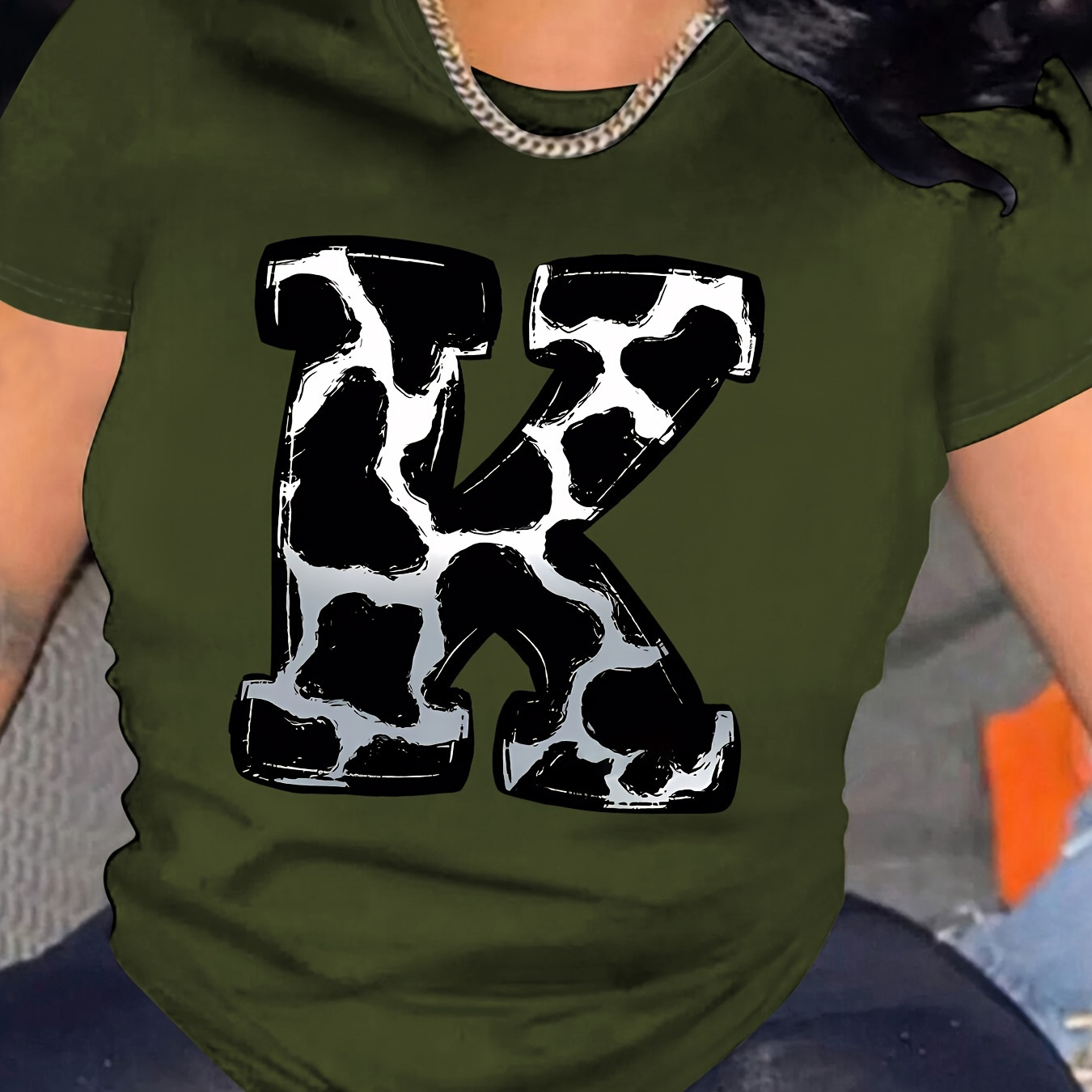 

Letter & Cow Print Casual T-shirt, Round Neck Short Sleeves Sports Tee, Women's Comfy Tops