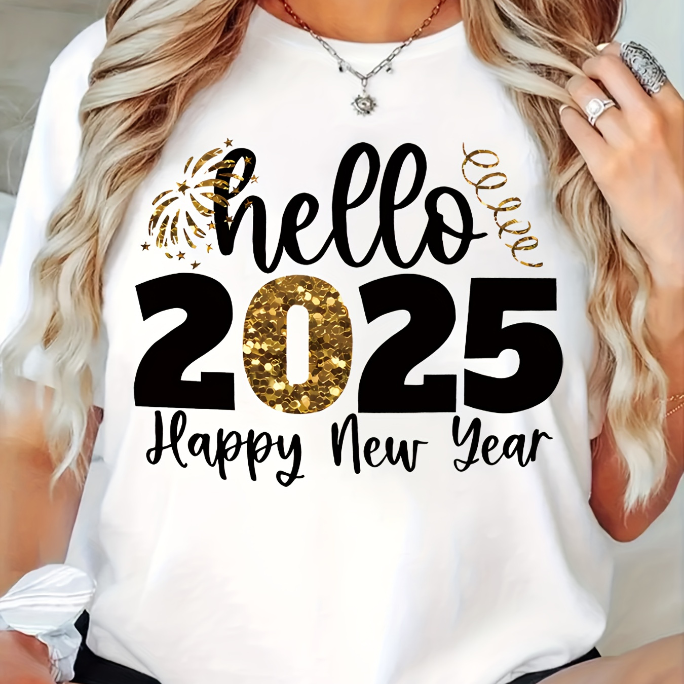 

1pc Women's Plus Size Hello 2025 Happy New Year T-shirt, Casual Crew Neck Short Sleeve Top, Geometric Pattern, Polyester Knit Fabric With Slight Stretch, Applique Detail, All