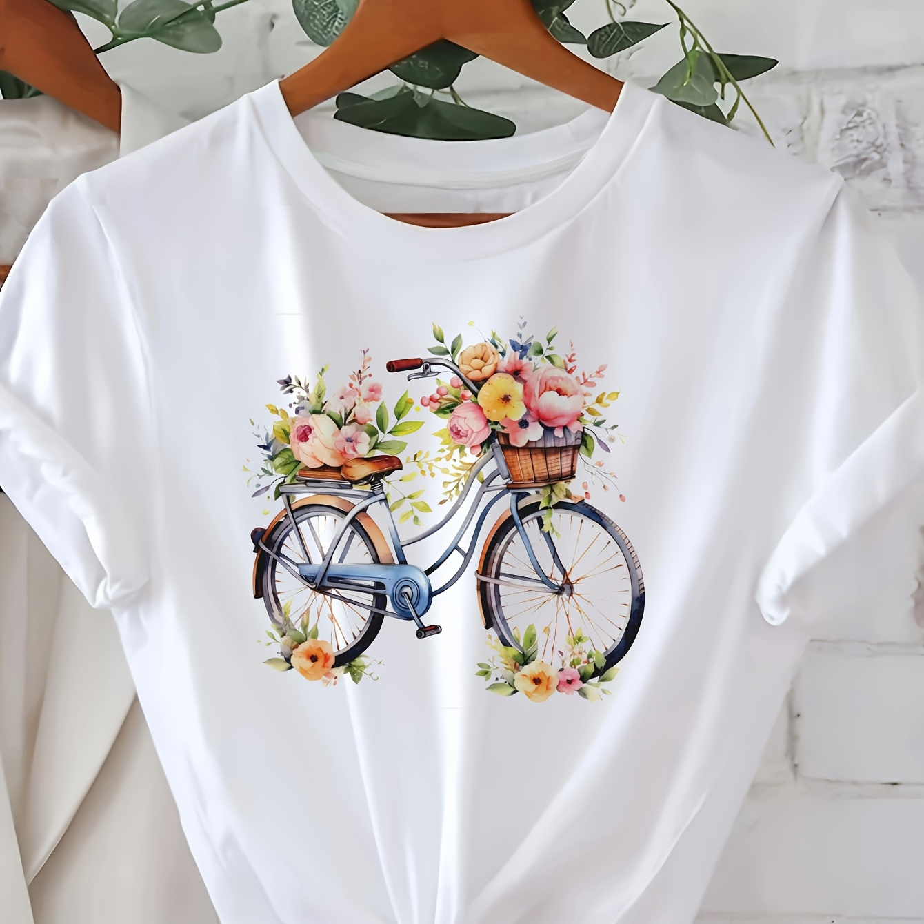 

Floral & Bicycle Print Crew Neck T-shirt, Casual Short Sleeve Summer Daily Top, Women's Clothing