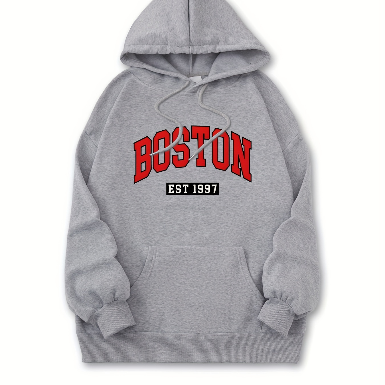 

Boston Letter Print Kangaroo Pocket Drawstring Casual Hoodie, Long Sleeves Sports Hooded Sweatshirt, Women's Activewear