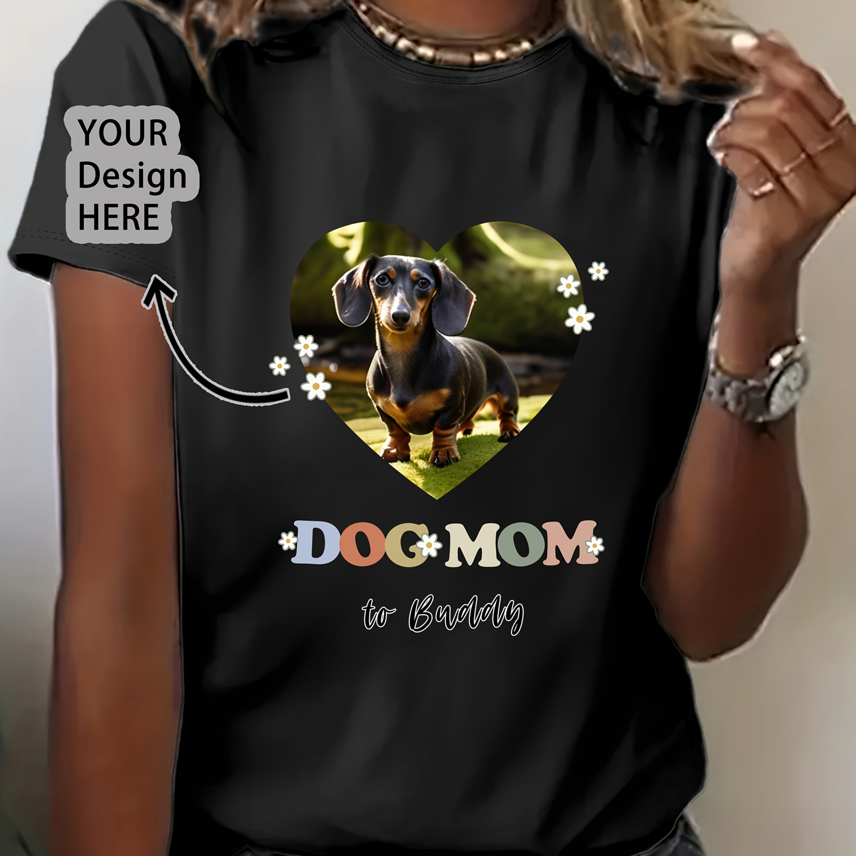 

Custom Dachshund Mom T-shirt - Personalized Photo Print, Short Sleeve Crew Neck, Casual Women', Ideal For , Machine Washable