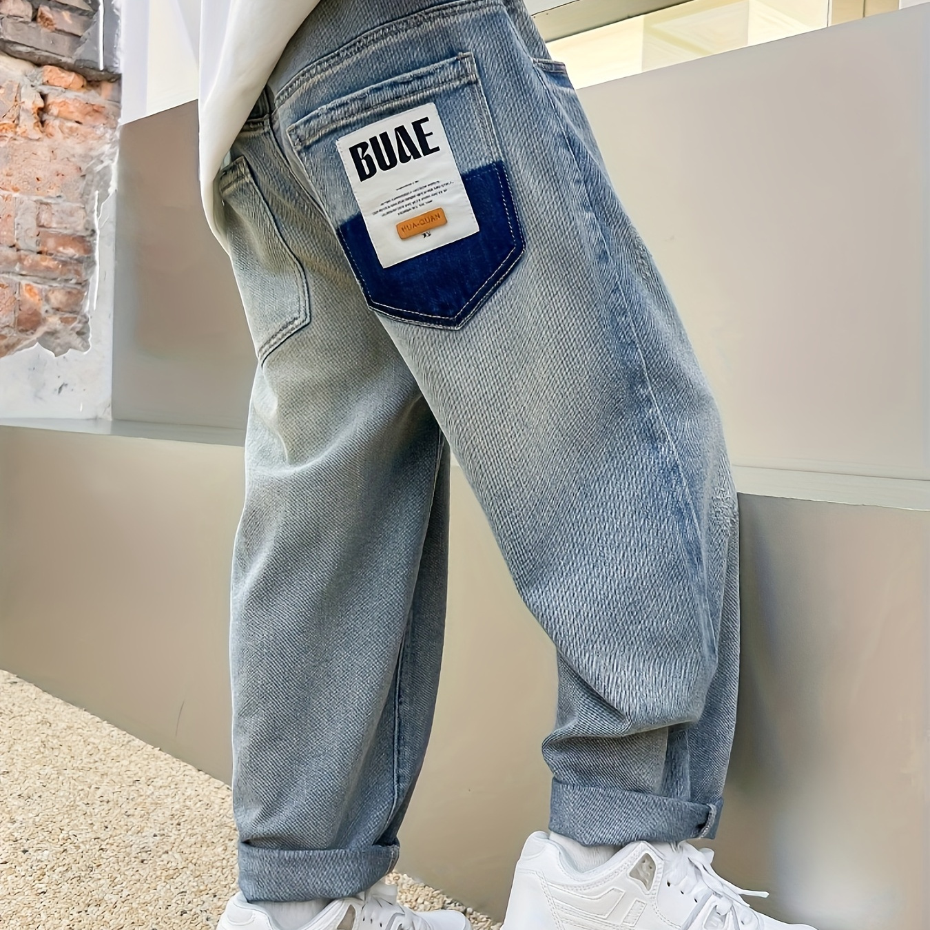 

Buae Letters Patchwork Design - Boy' Denim Jeans With Pockets, Cotton Blend, Loose Fit, Trendy Pants For Daily And Outdoor Wear