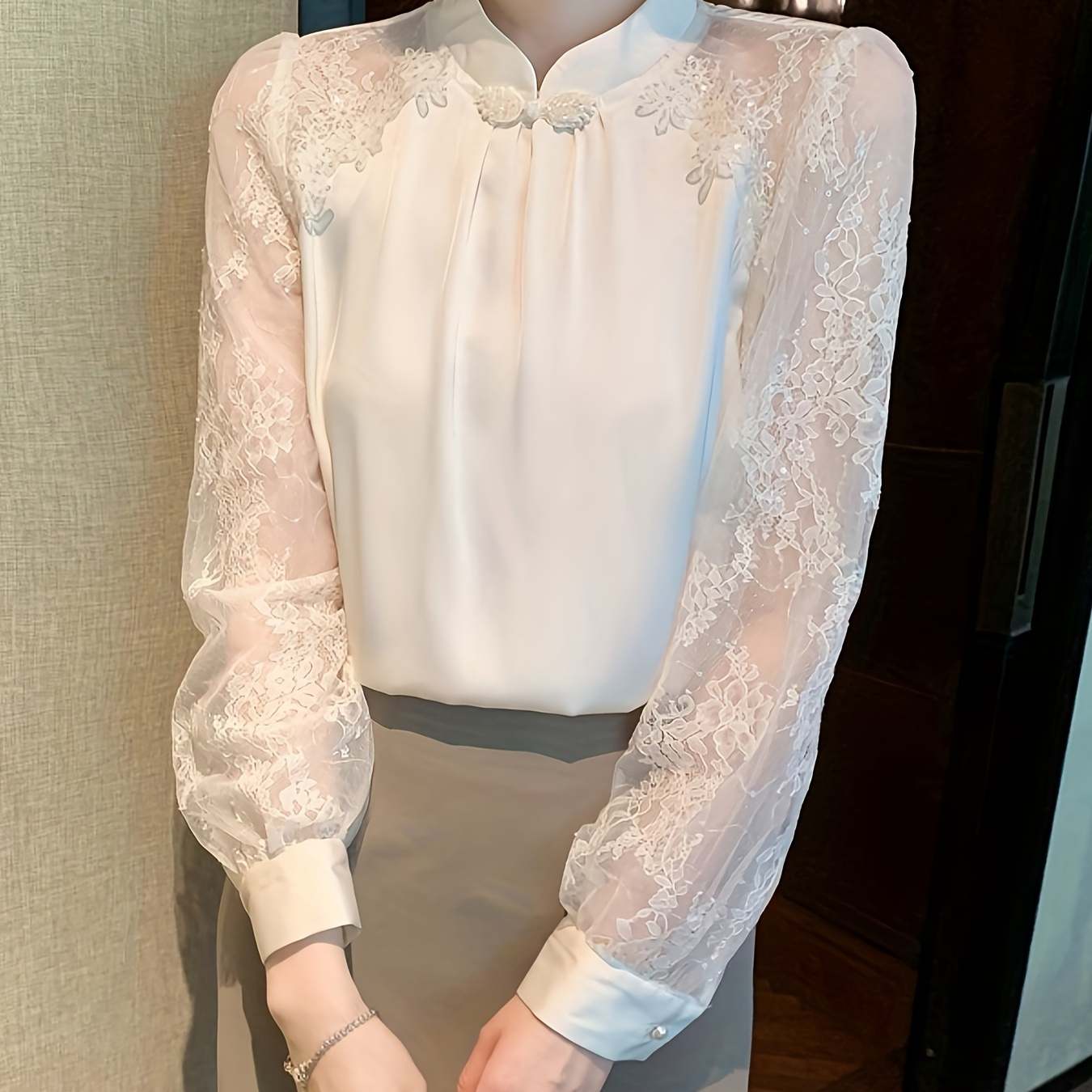 

New Chinese Style Lace Silk Blouse With Small Collar And Floral Embellishments - Spring/ , Adult Size, Polyester Fabric, , Regular Length, Suitable For Women'