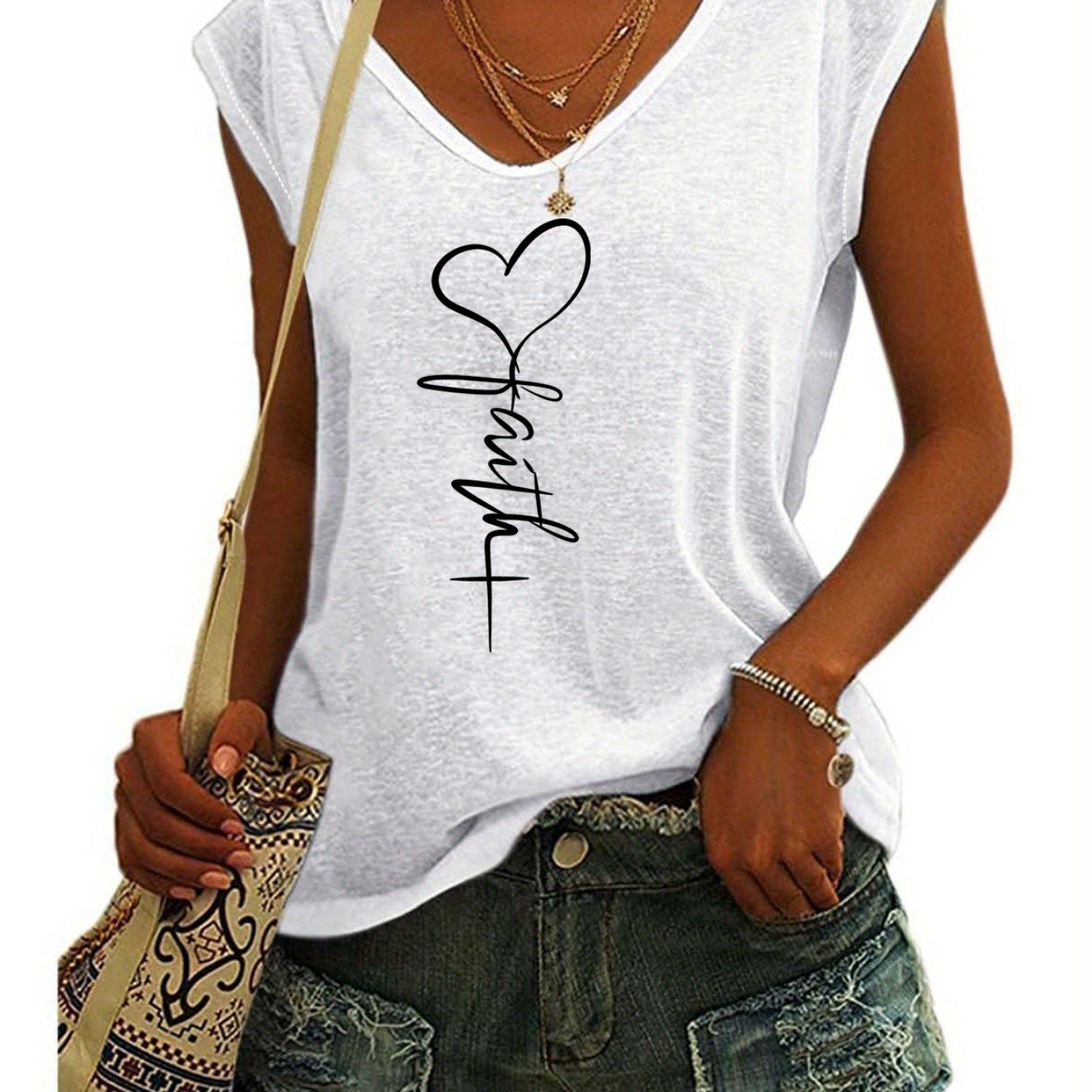 

Letter & Heart Print Tank Top, Sleeveless Casual Top For Summer & Spring, Women's Clothing