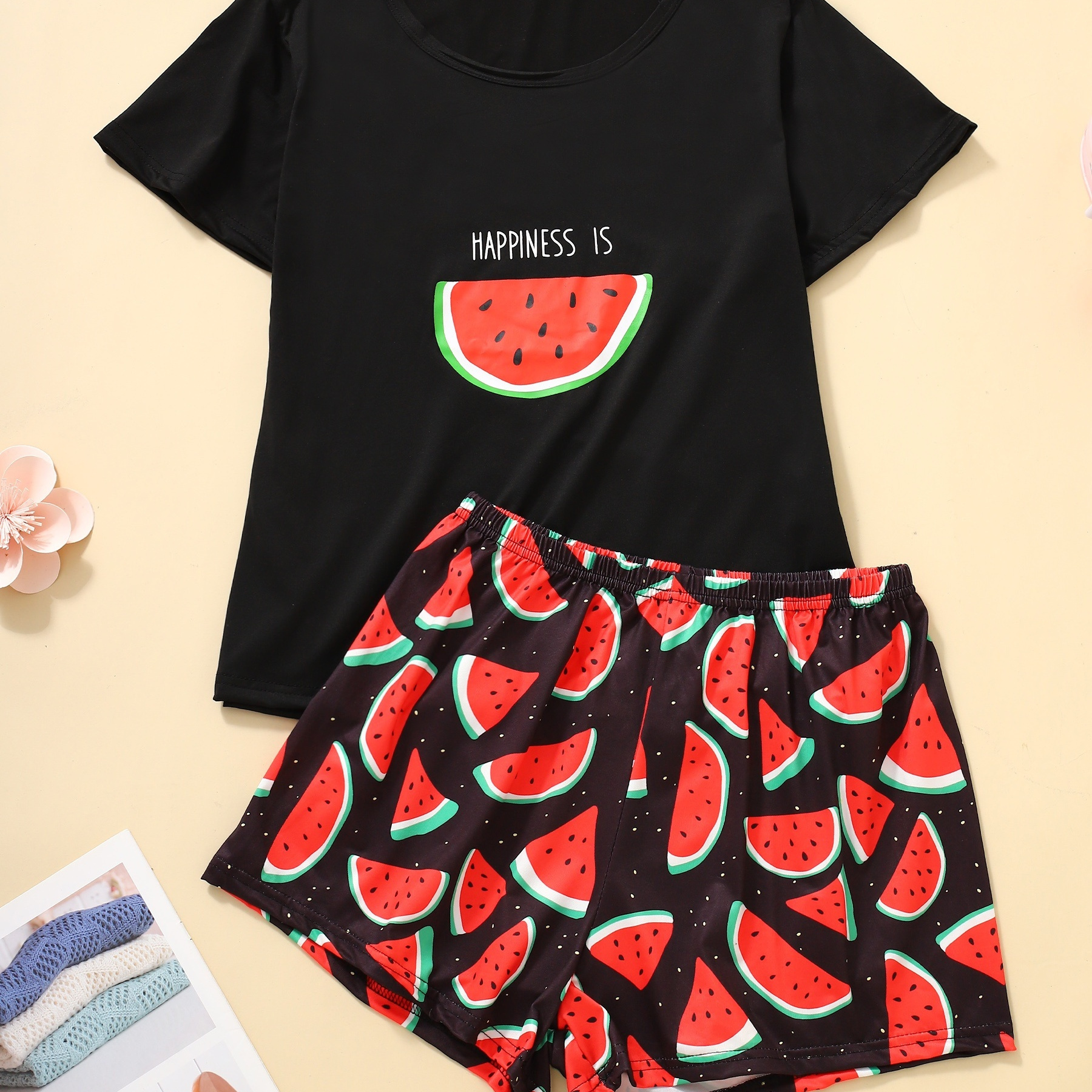 

Watermelon & Letter Print Lounge Set, Casual Short Sleeve Round Neck Top & Elastic Shorts, Women's Loungewear