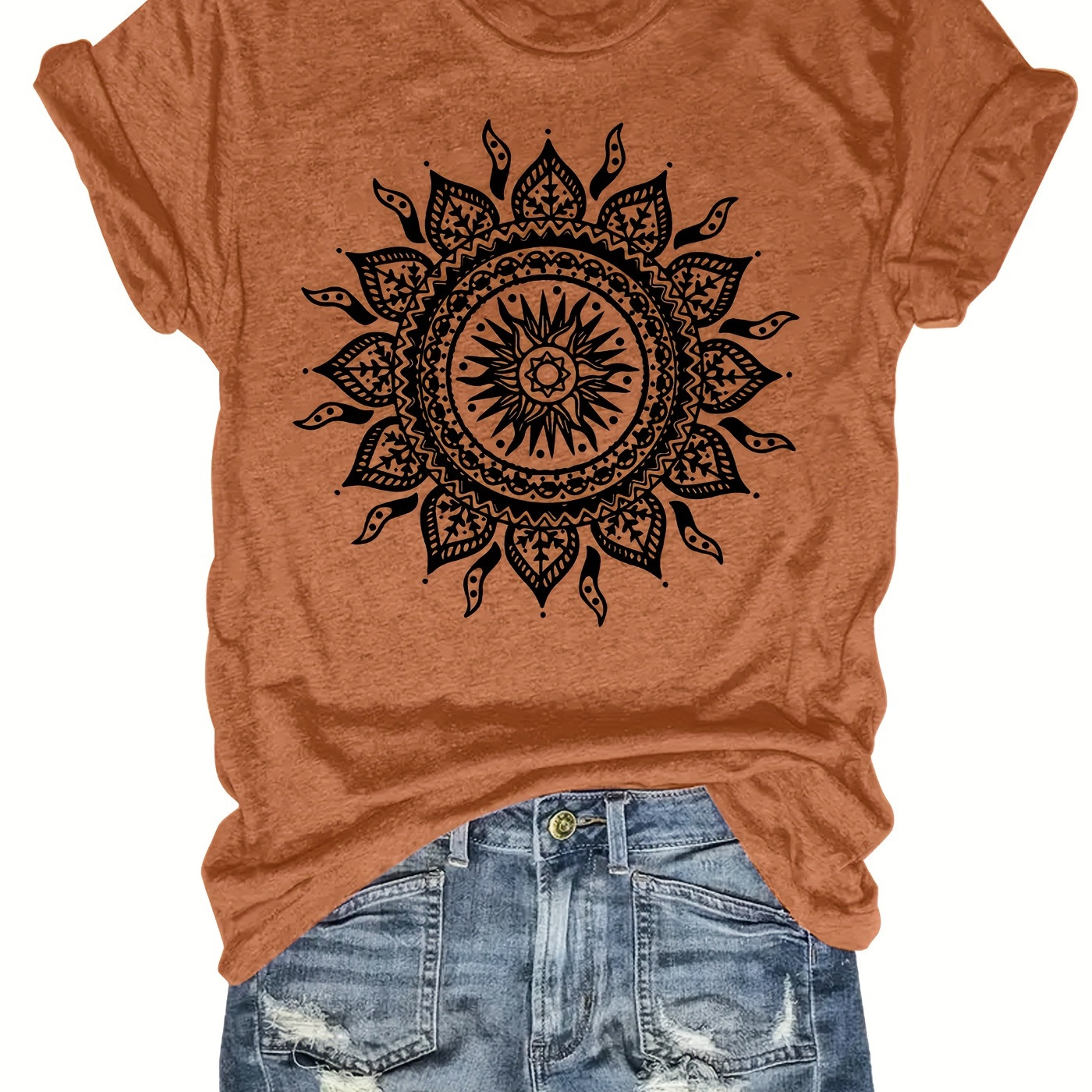 

1pc Women's Floral Mandala Print T-shirt, Casual Crew Neck, Soft Knit Fabric, Regular Length, Fit, Rayon/viscose