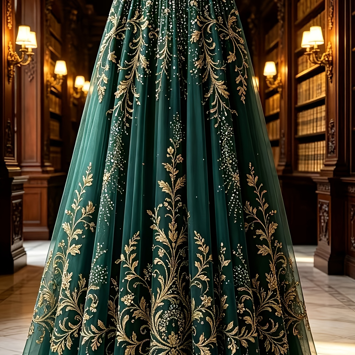 Emerald Green & Gold Embroidered Maxi Skirt