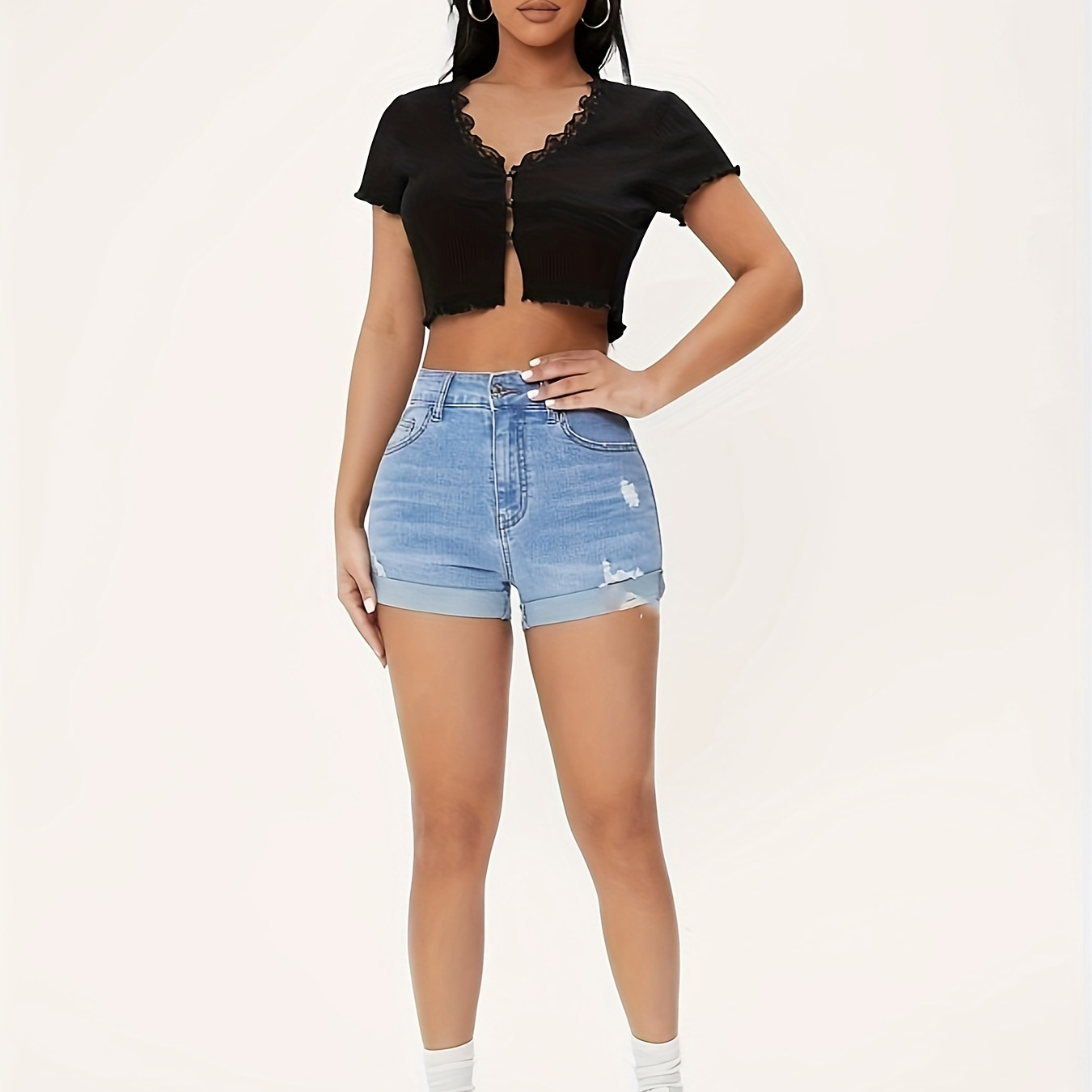 

Women's Ripped Roll Up Hem Stretchable Solid Color Denim Shorts, Casual High Waist Slim Fit, Summer Fashion Jean Hot Pants