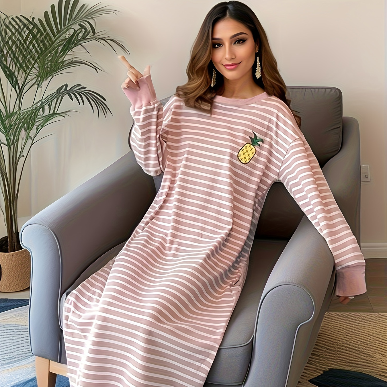 

Women's Long-sleeve Striped & Pineapple Pattern Maxi Sleep Dress, Loose Fit Casual Nightgown, Round Neck Pullover Sleeping Gown Autumn