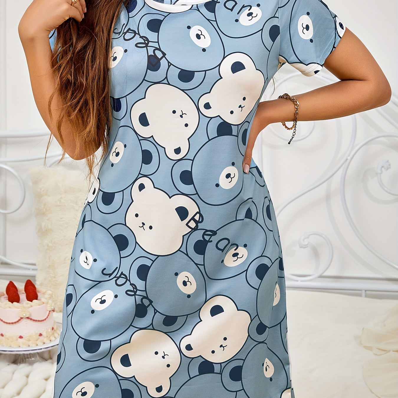 

Cute Bear Print Nightgown, Short Sleeve Round Neck Loose Fit Tee Dress, Women's Sleepwear