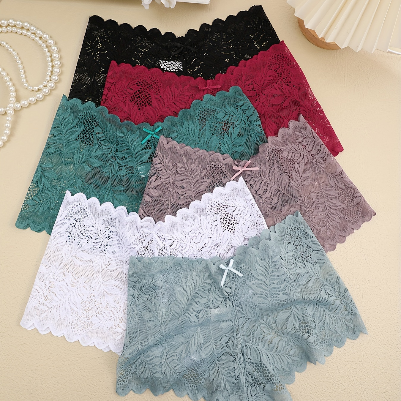 

6pcs Solid Bow Decor Floral Lace Briefs, Simple & Comfy Breathable Semi Sheer Stretchy Intimates Panties, Women's Lingerie & Underwear