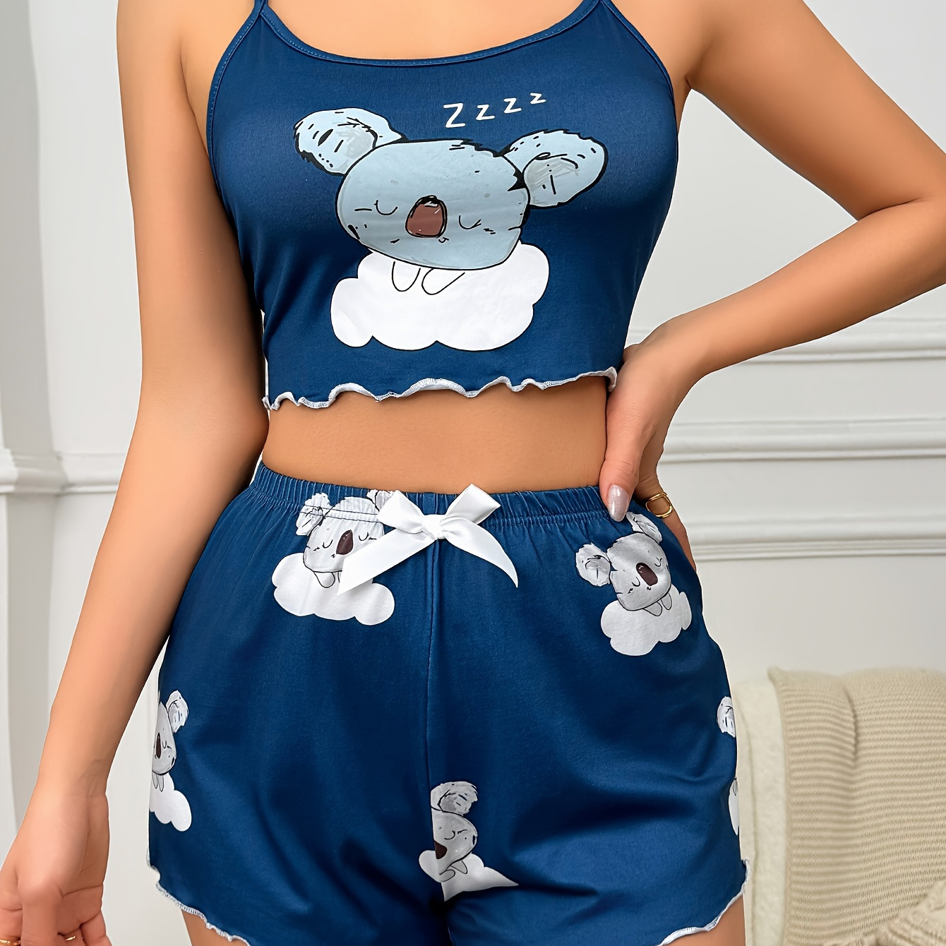 

Cute Koala Print Lettuce Trim Pajama Set, Crew Neck Crop Cami Top & Elastic Shorts, Women's Sleepwear & Loungewear